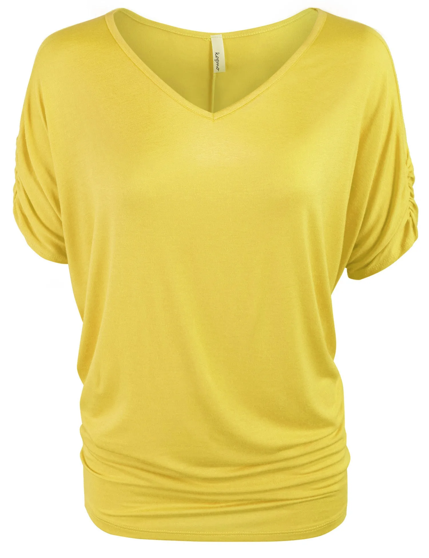 Solid Basic Boatneck Dolman Top with Sleeve Shirring V Neck