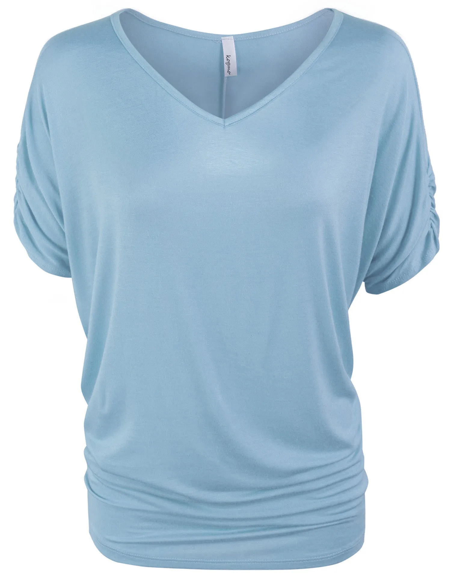 Solid Basic Boatneck Dolman Top with Sleeve Shirring V Neck