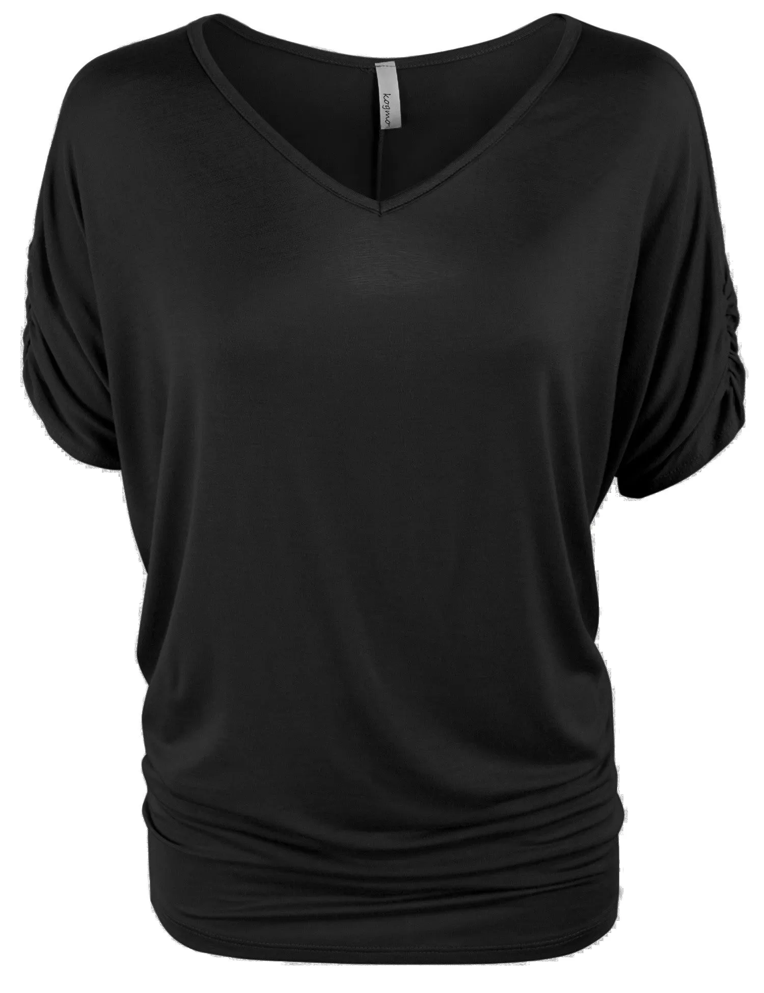 Solid Basic Boatneck Dolman Top with Sleeve Shirring V Neck