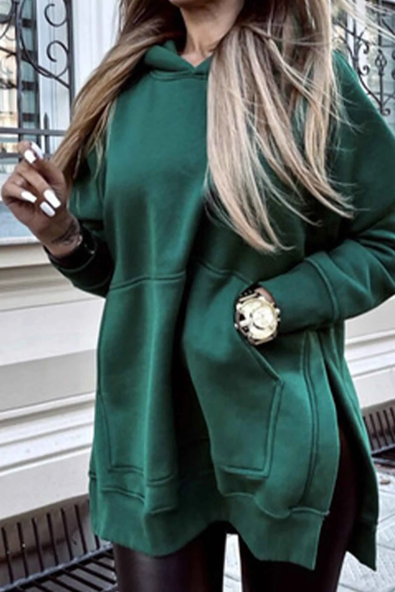 Solid Color Pocket Slit Hoodie