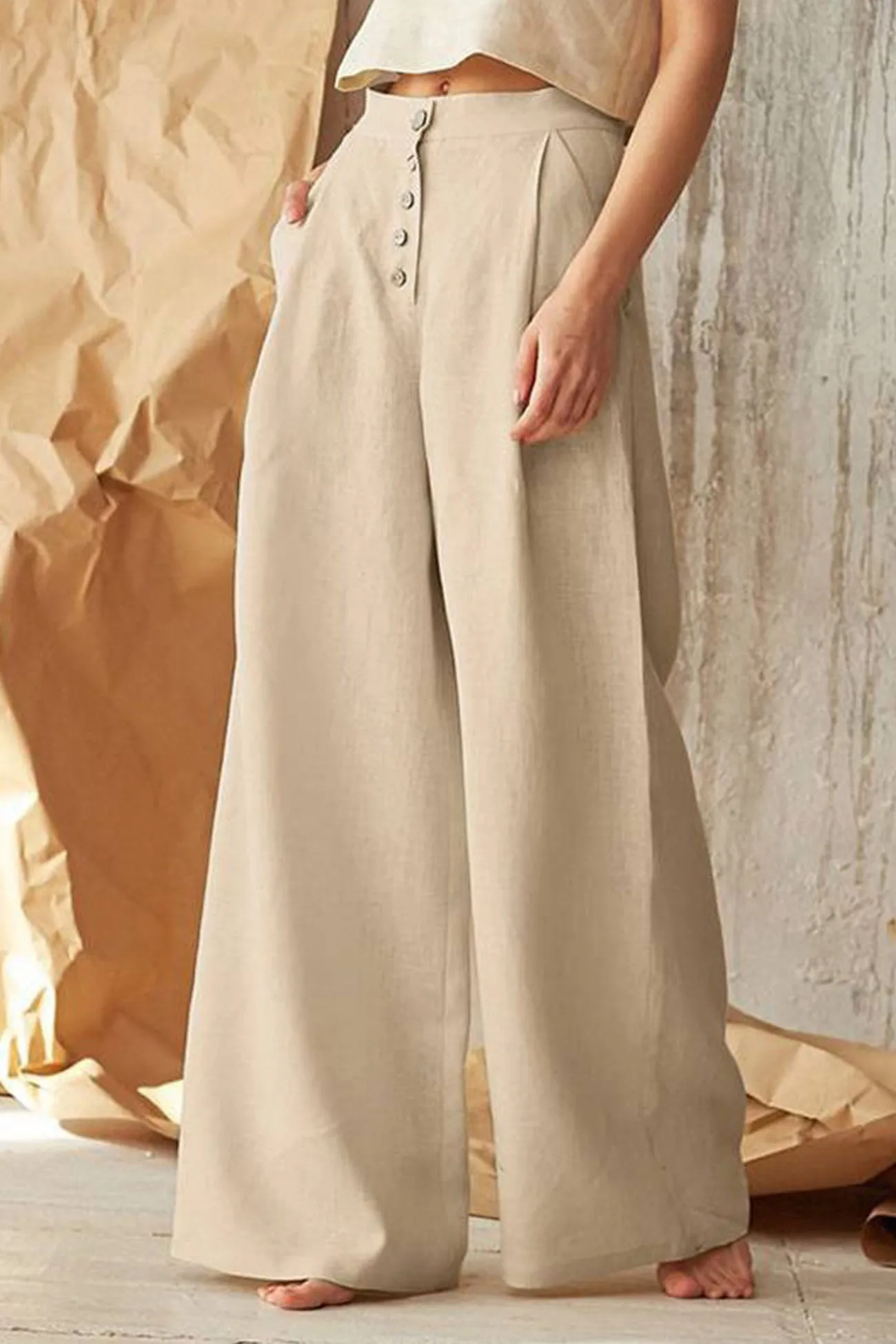 Solid Color Single-breasted Wide Leg Long Pants