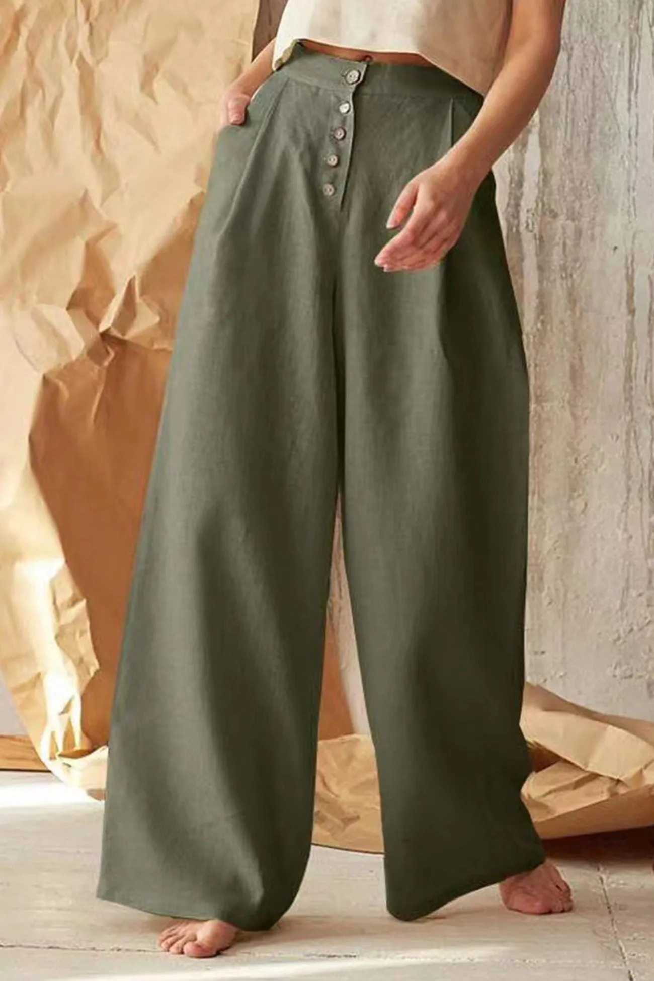 Solid Color Single-breasted Wide Leg Long Pants