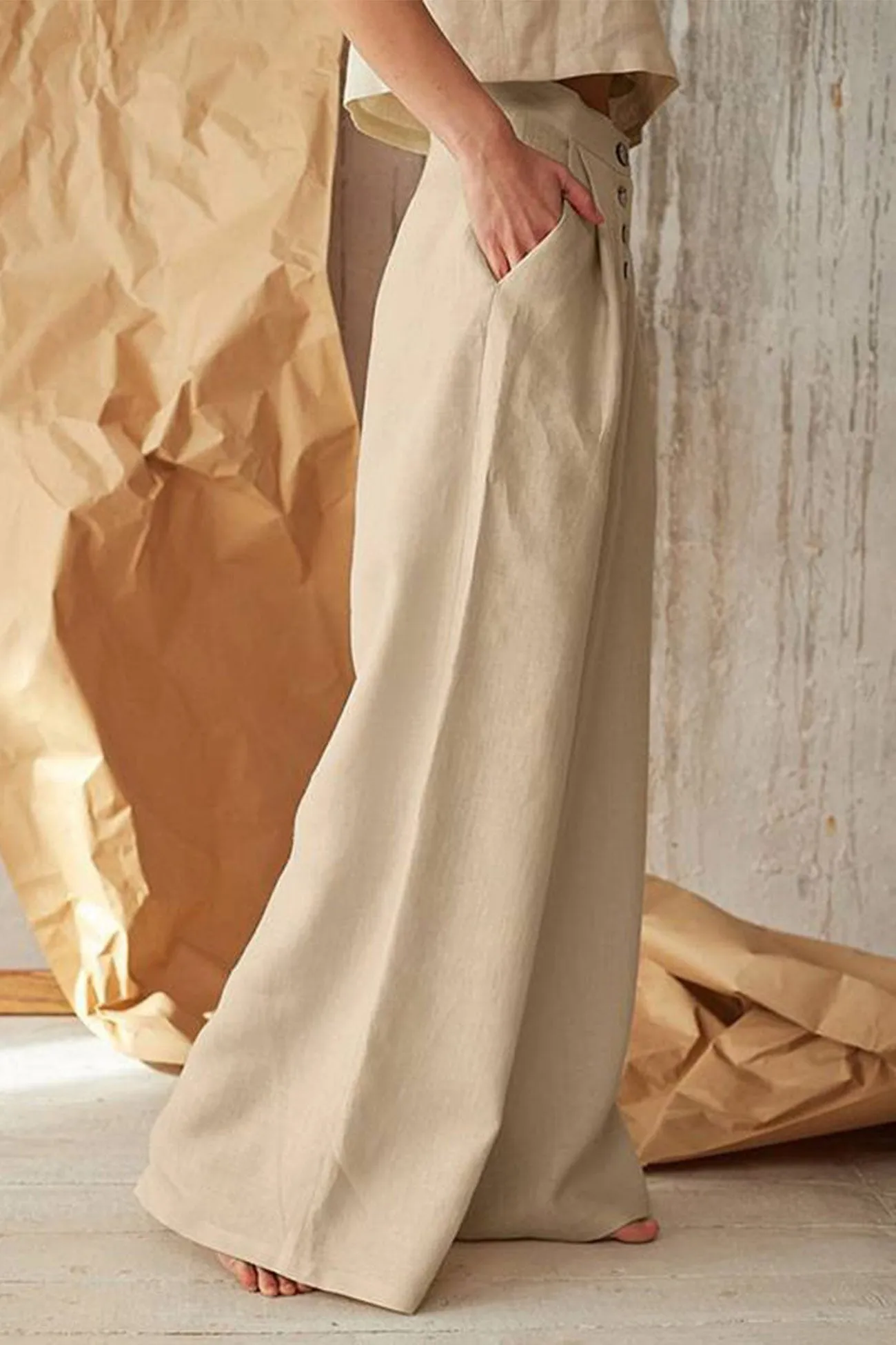 Solid Color Single-breasted Wide Leg Long Pants