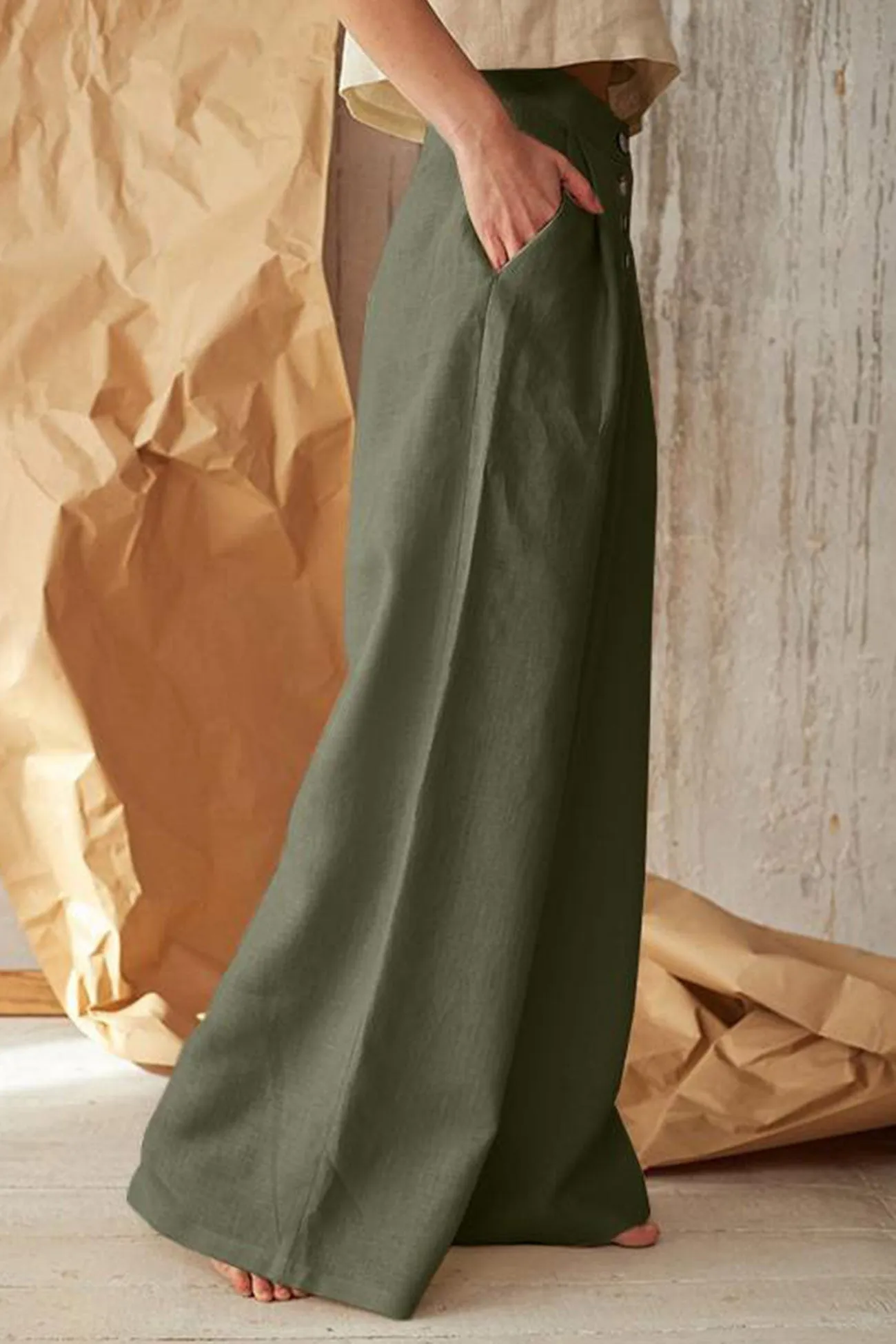 Solid Color Single-breasted Wide Leg Long Pants