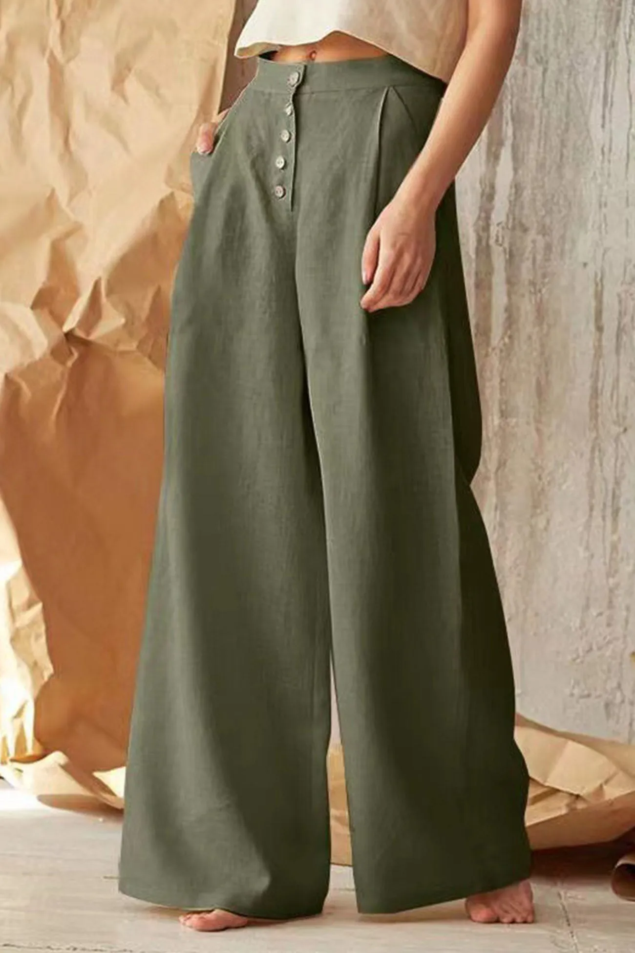 Solid Color Single-breasted Wide Leg Long Pants