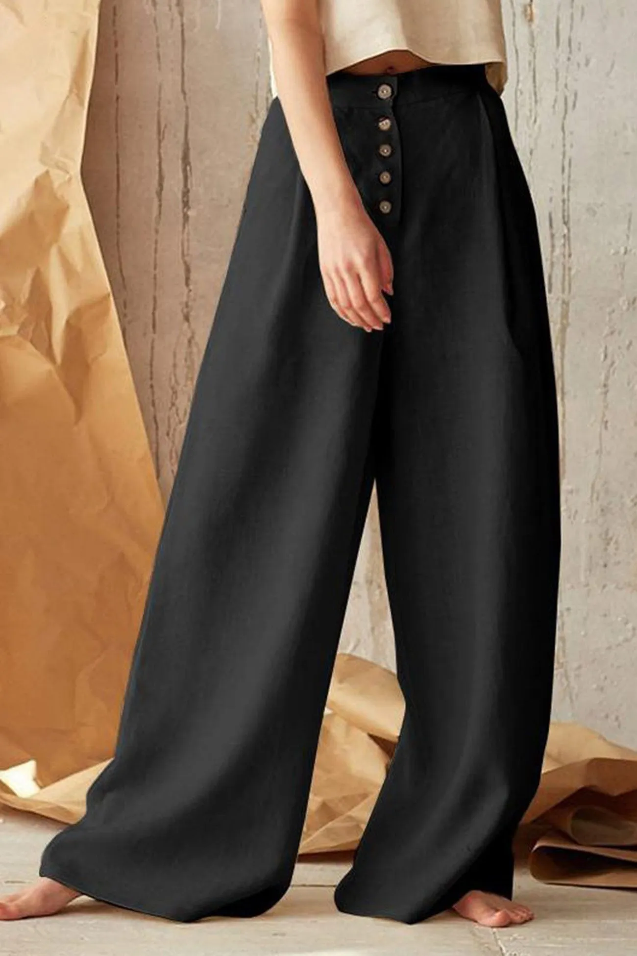 Solid Color Single-breasted Wide Leg Long Pants