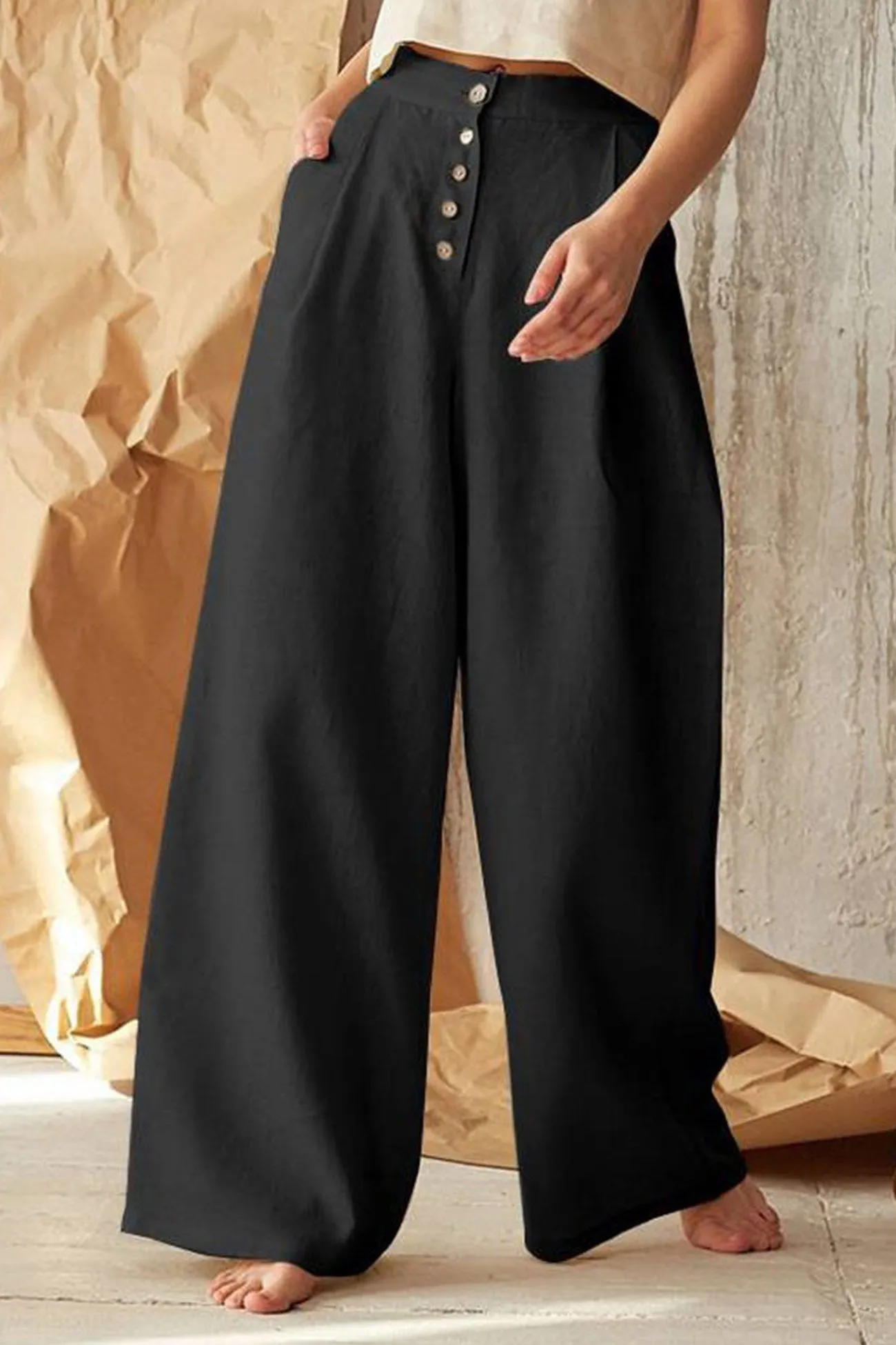 Solid Color Single-breasted Wide Leg Long Pants