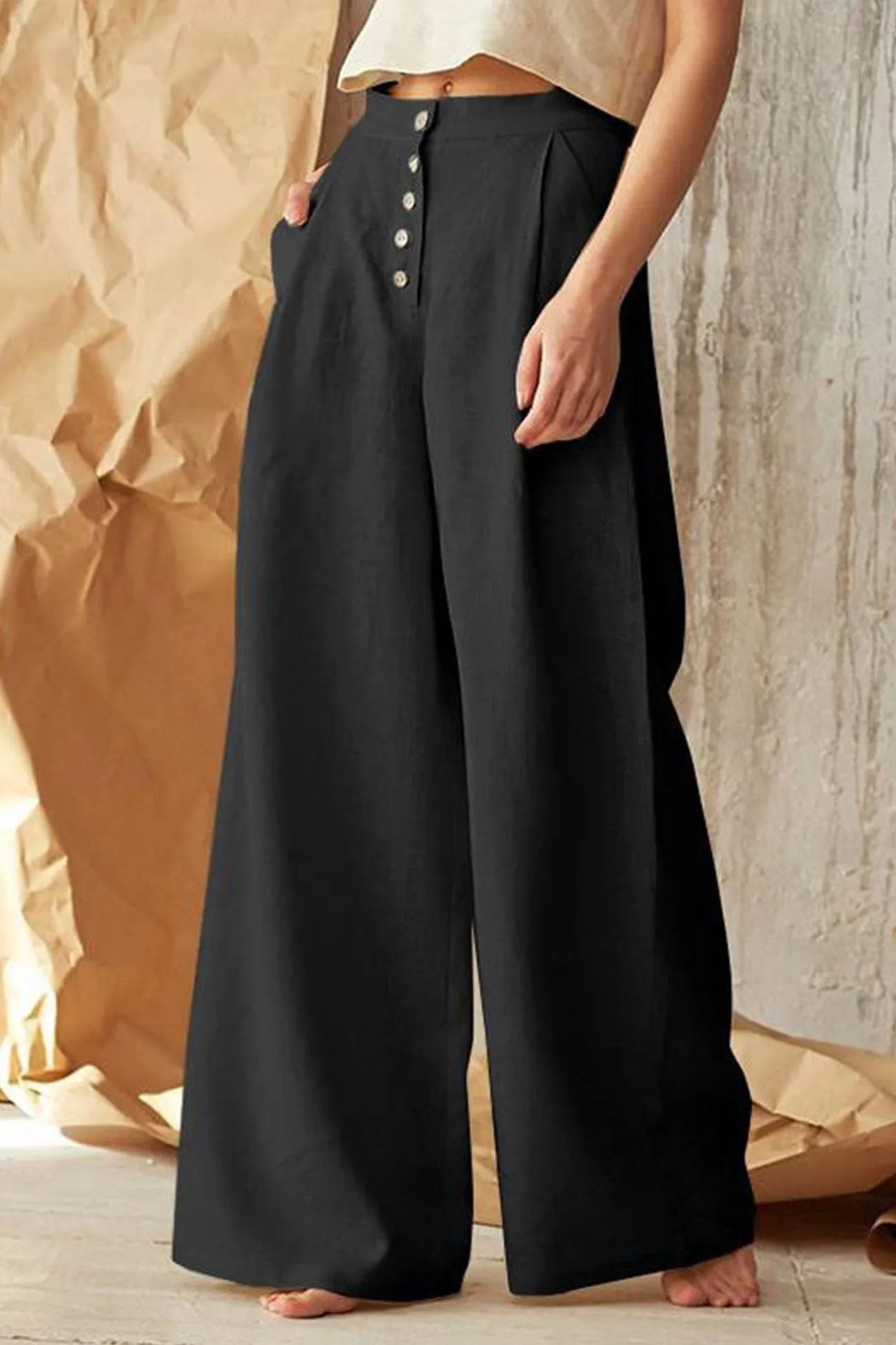 Solid Color Single-breasted Wide Leg Long Pants