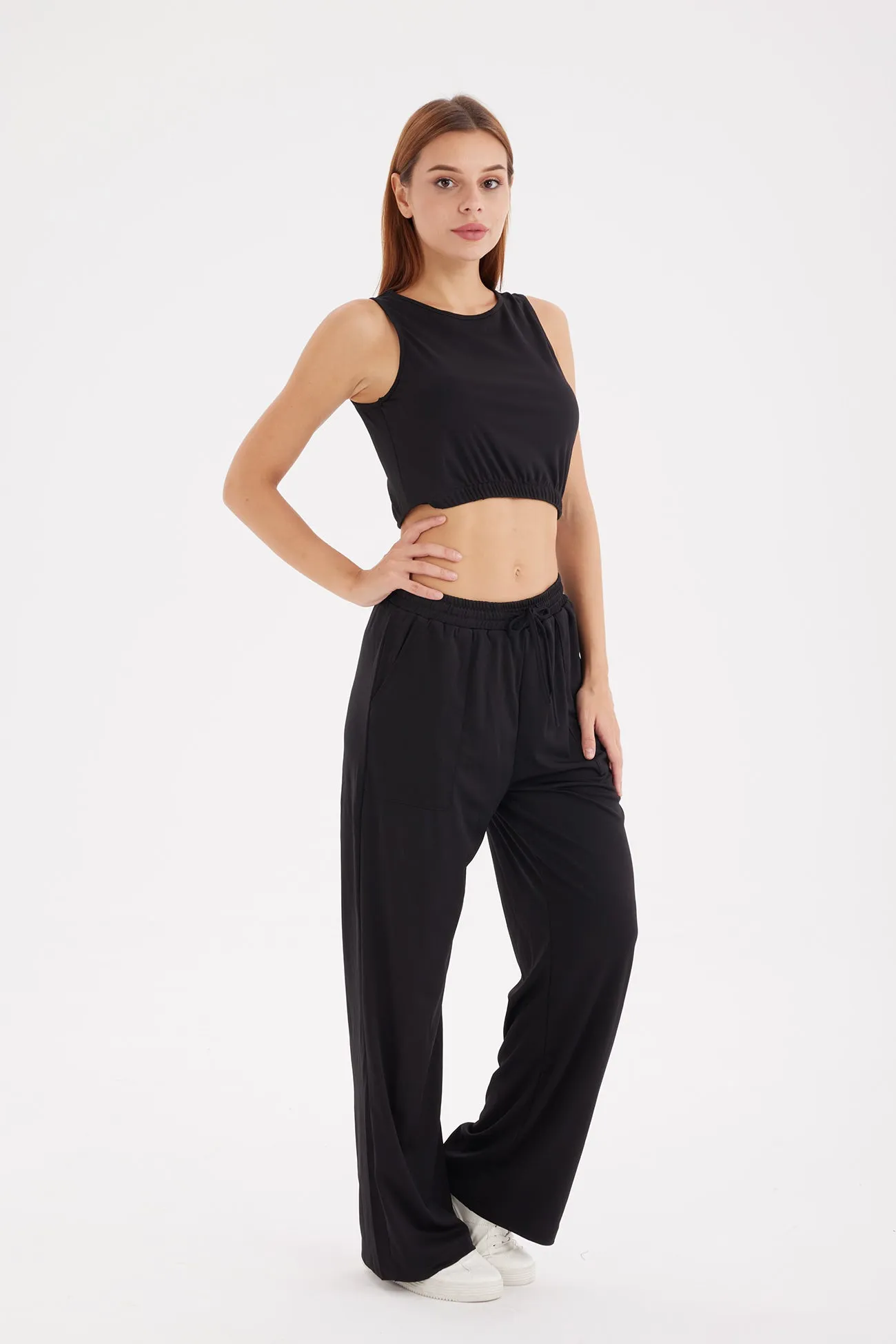 Solid Color Tank Top Drawstring High Waist Long Pants Set