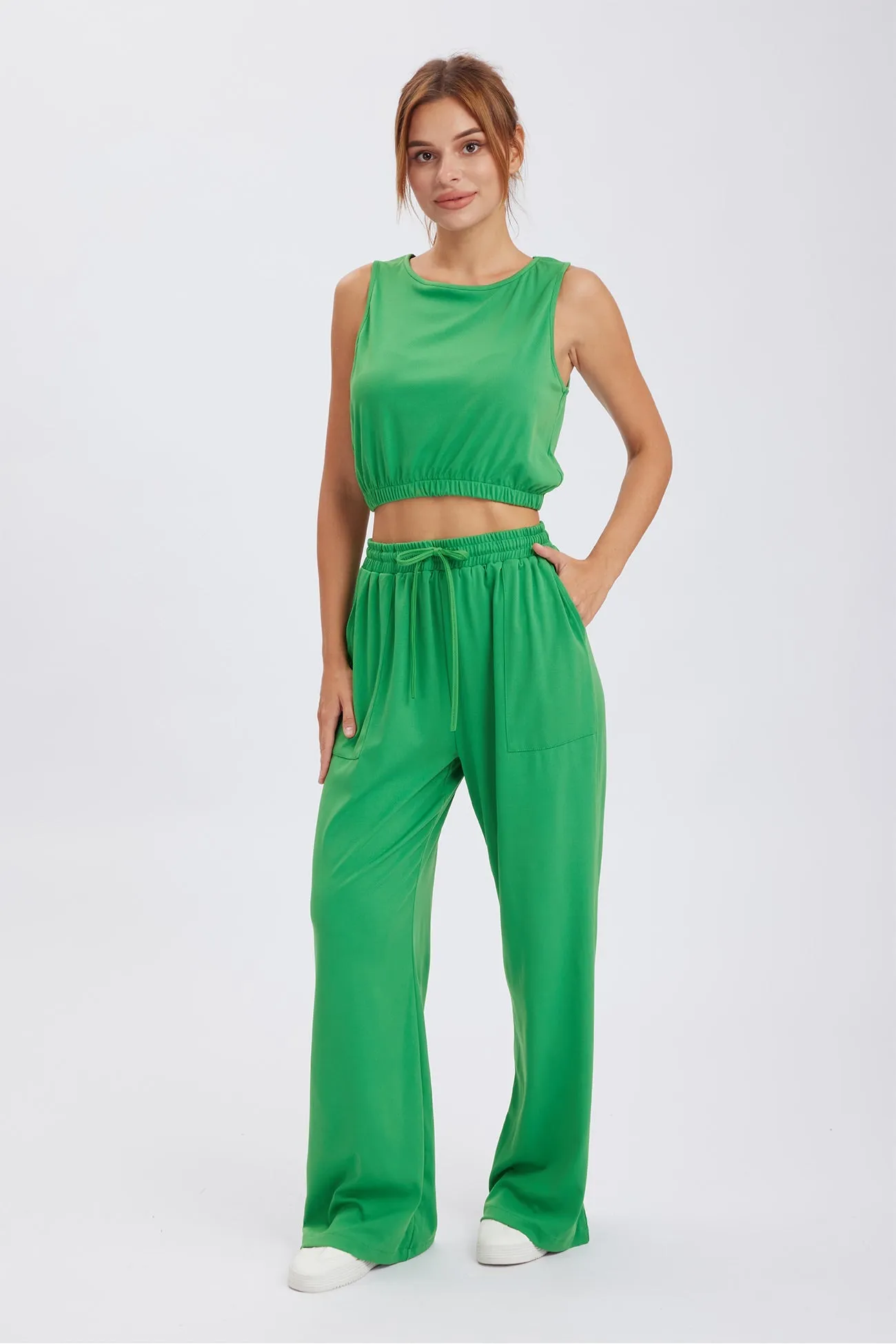 Solid Color Tank Top Drawstring High Waist Long Pants Set