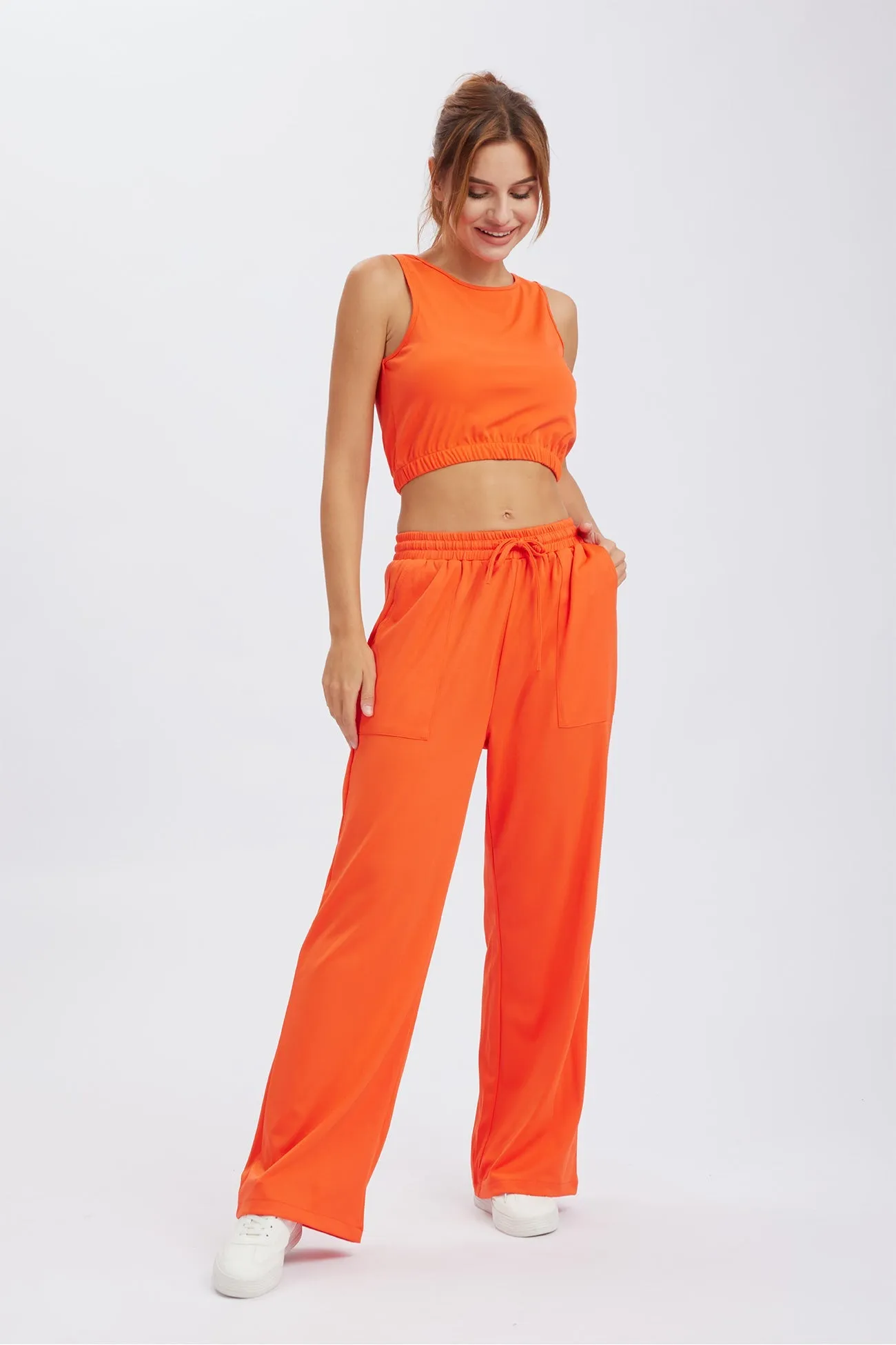 Solid Color Tank Top Drawstring High Waist Long Pants Set