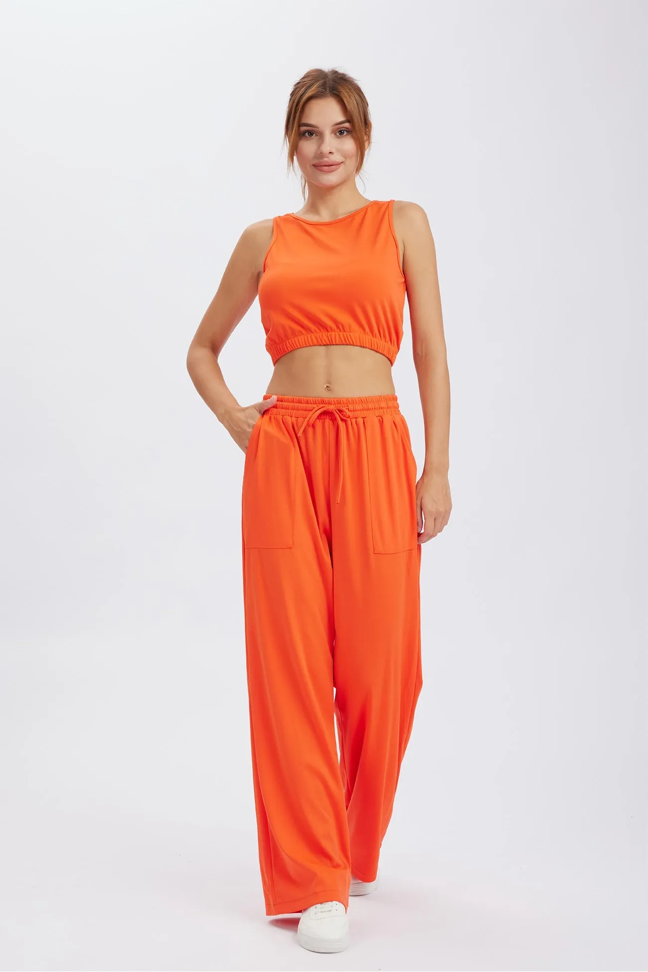 Solid Color Tank Top Drawstring High Waist Long Pants Set