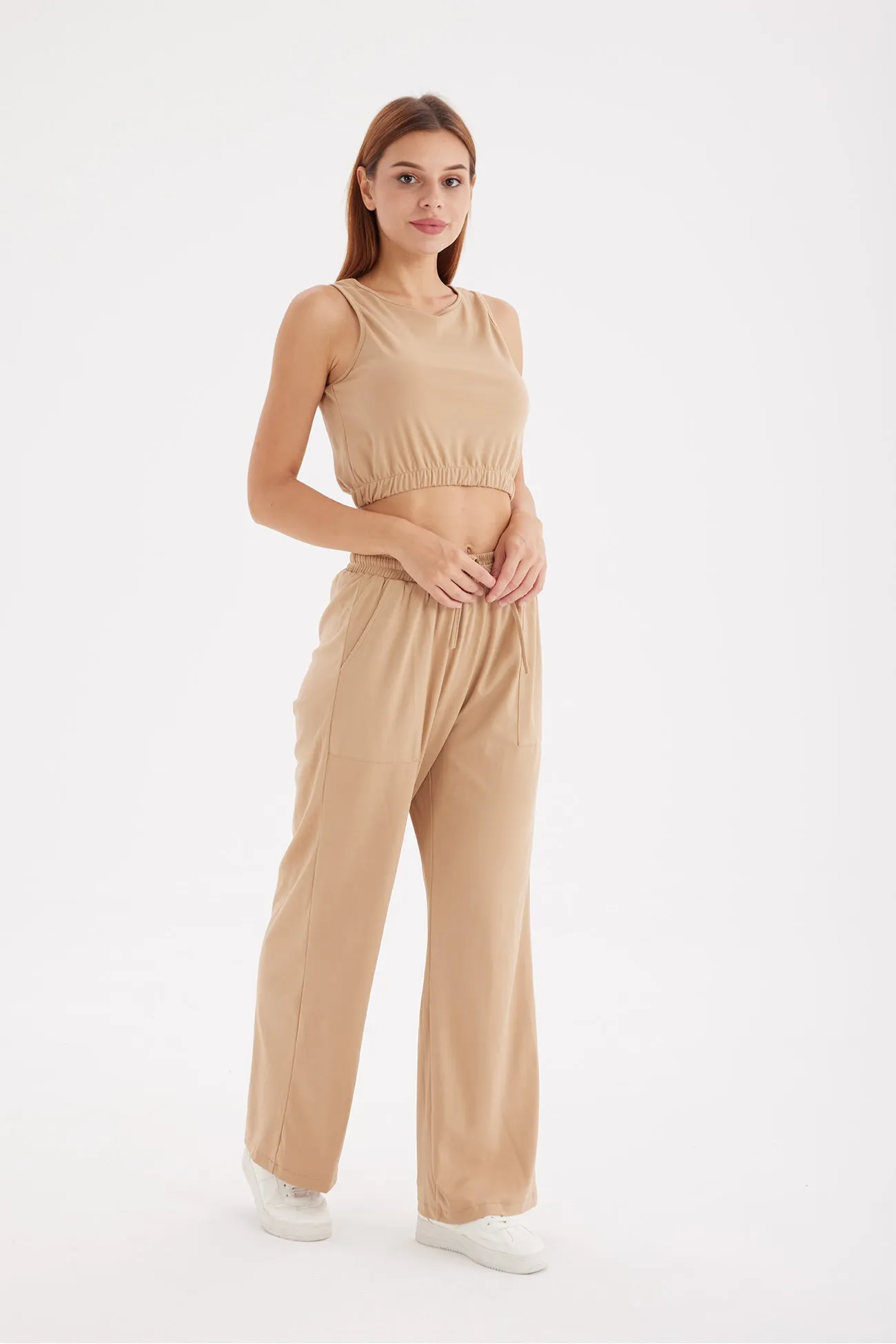 Solid Color Tank Top Drawstring High Waist Long Pants Set