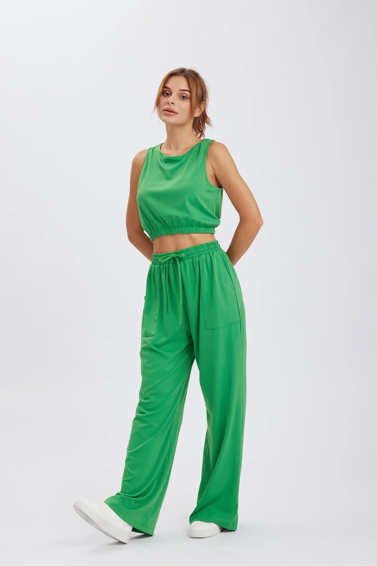 Solid Color Tank Top Drawstring High Waist Long Pants Set