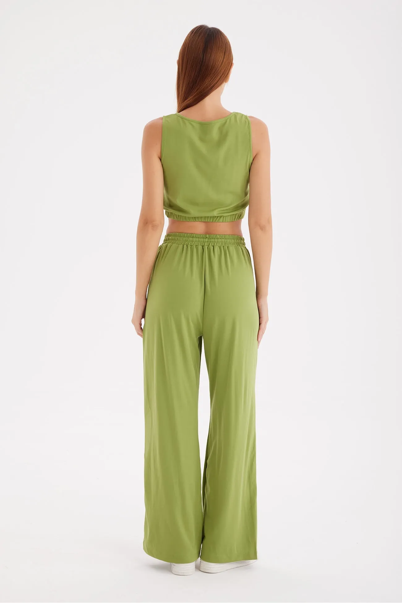 Solid Color Tank Top Drawstring High Waist Long Pants Set