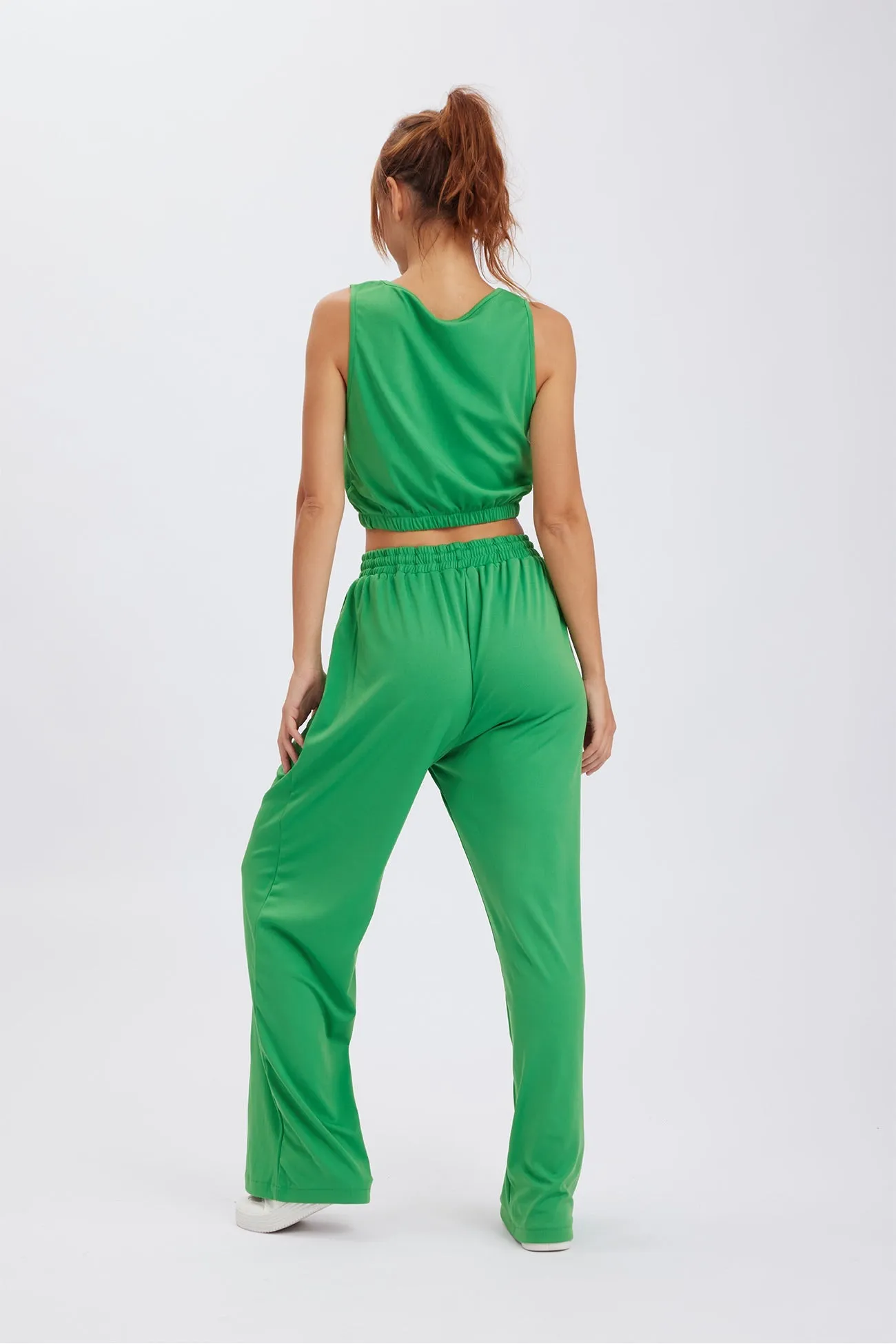 Solid Color Tank Top Drawstring High Waist Long Pants Set