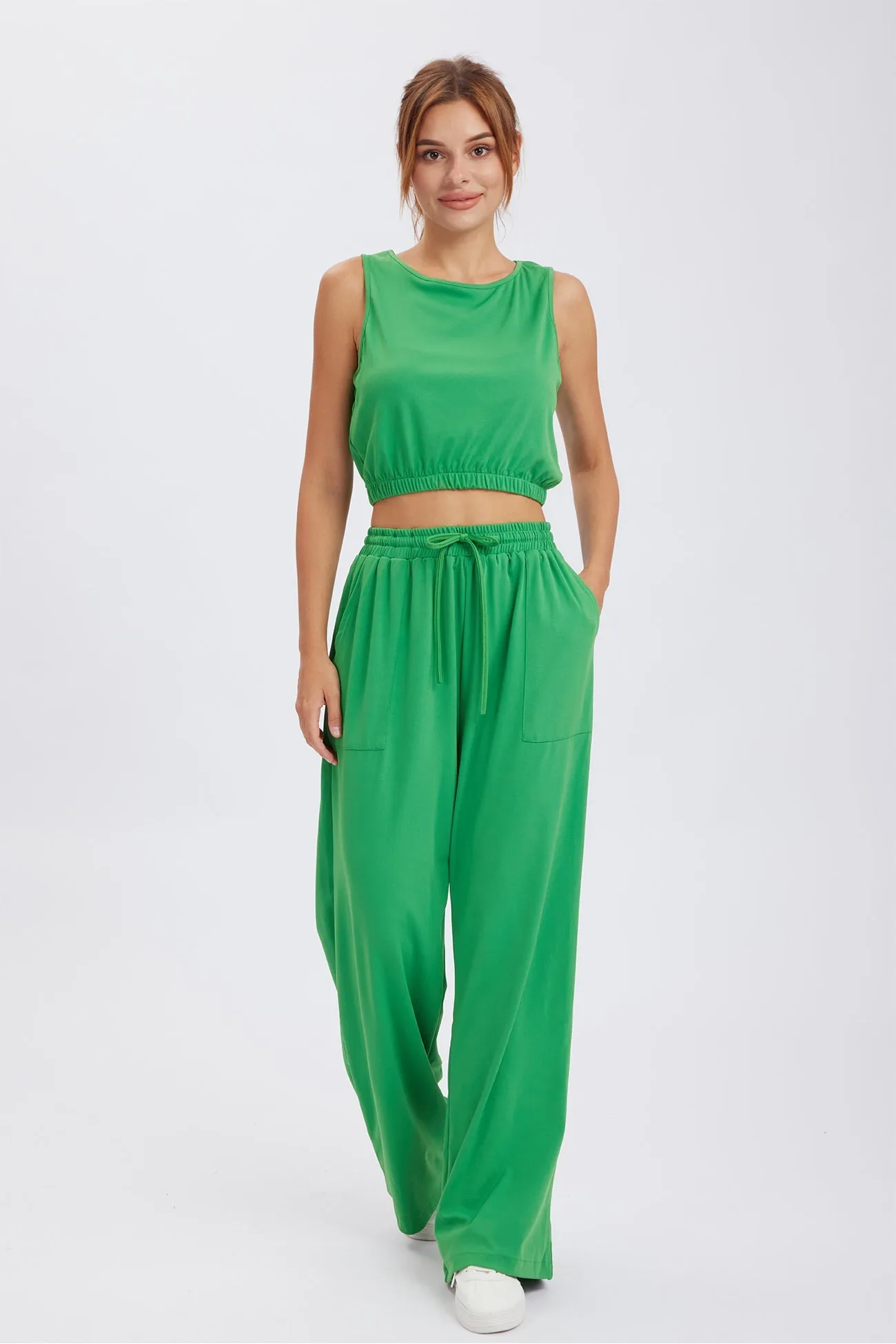 Solid Color Tank Top Drawstring High Waist Long Pants Set