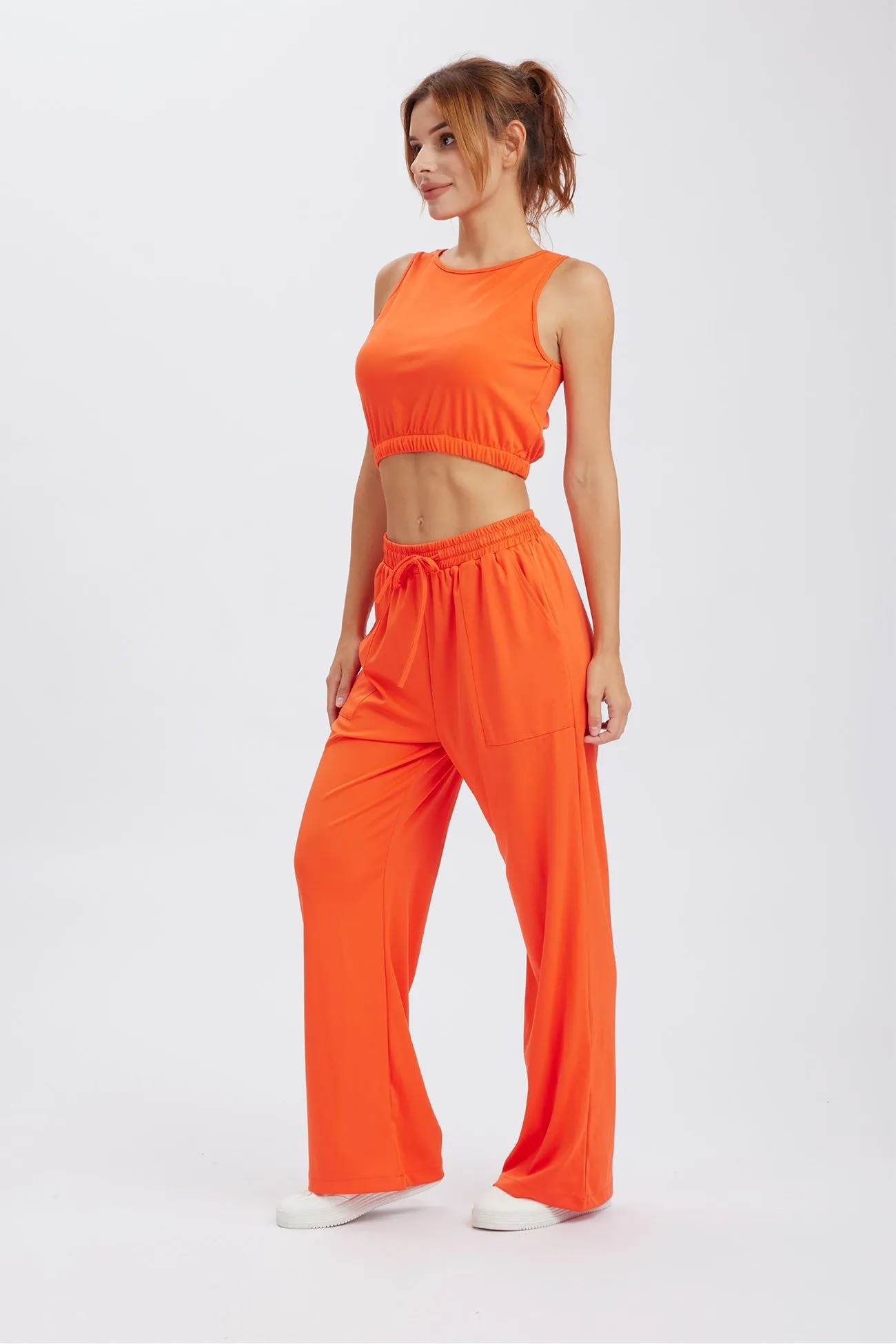 Solid Color Tank Top Drawstring High Waist Long Pants Set