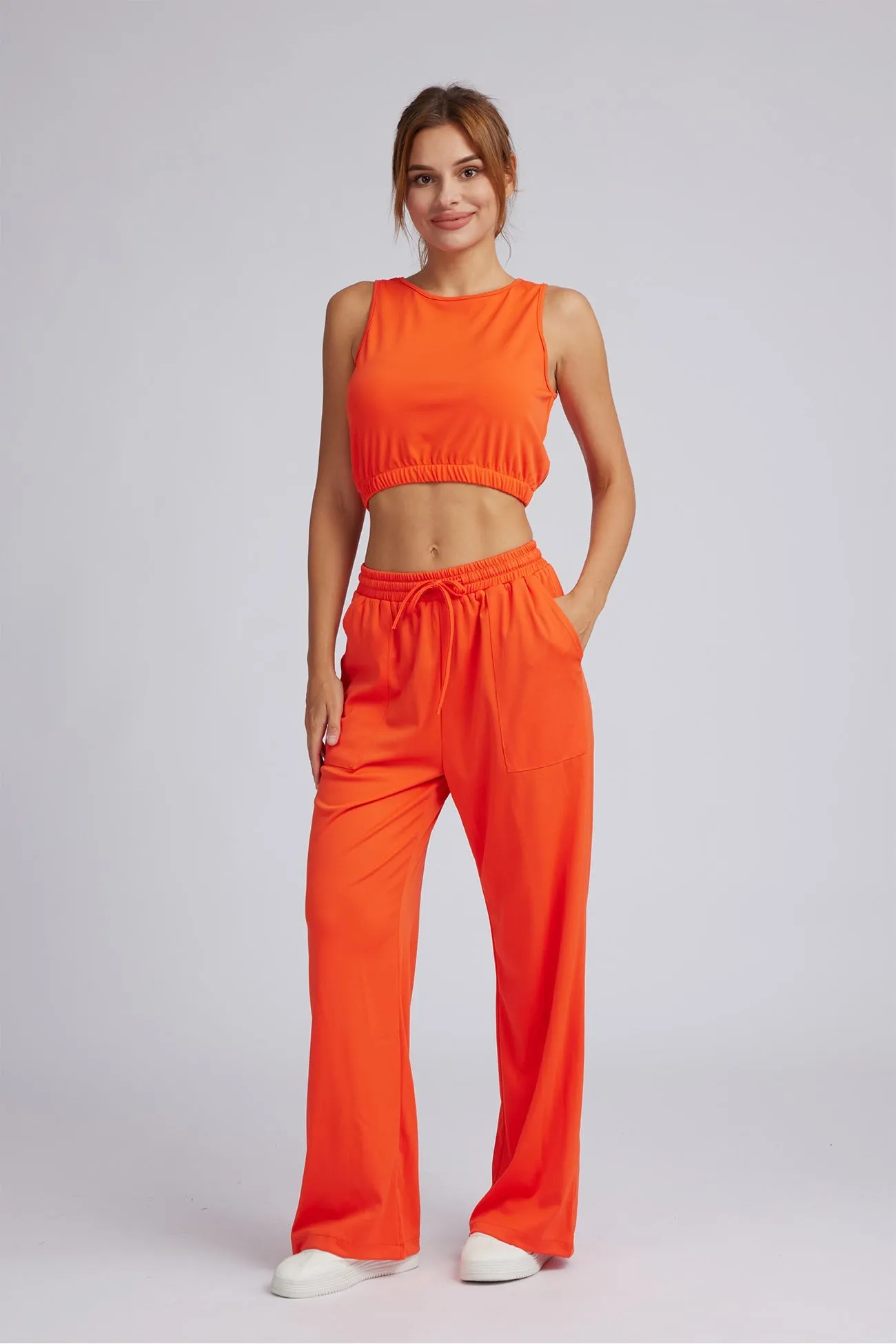 Solid Color Tank Top Drawstring High Waist Long Pants Set