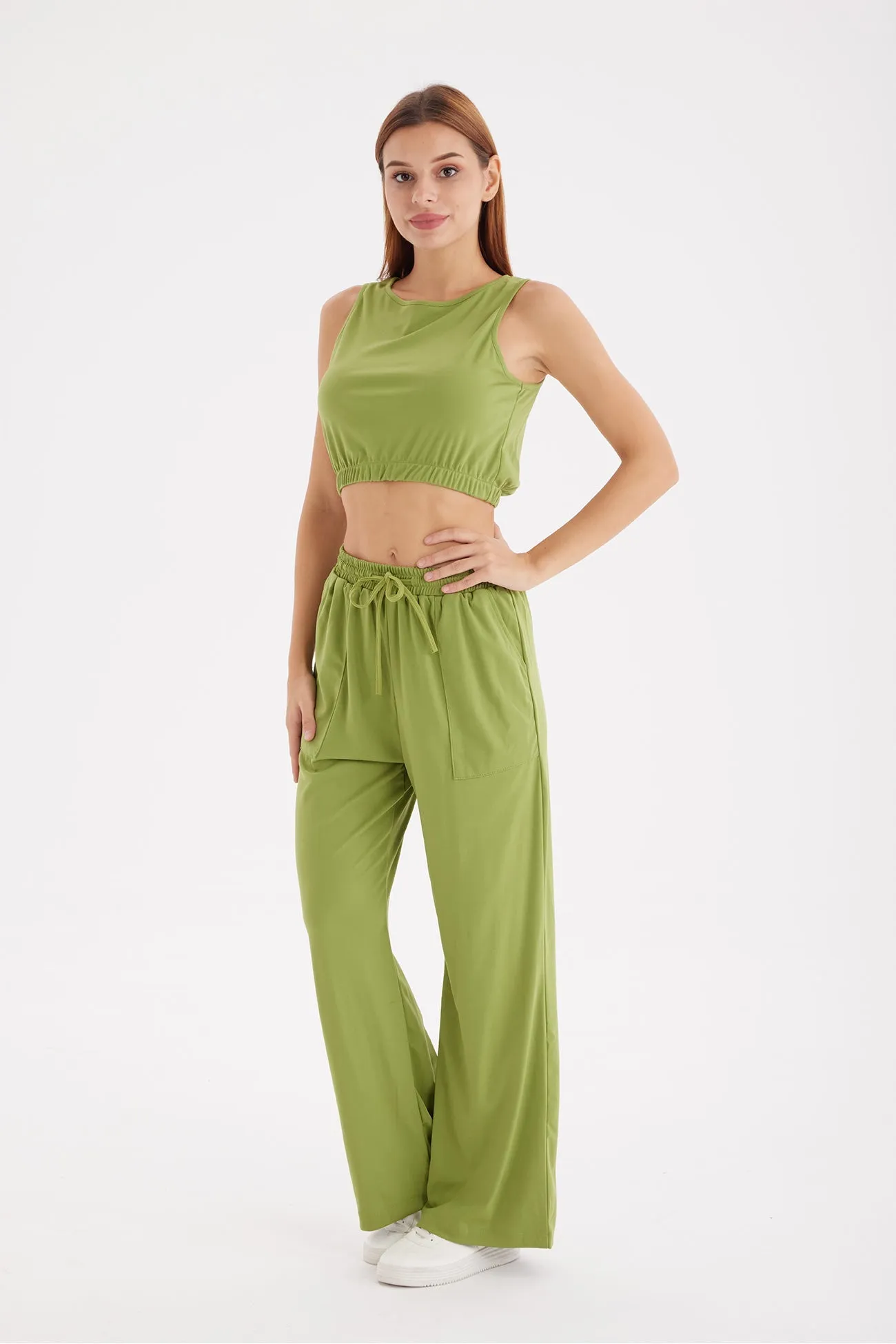 Solid Color Tank Top Drawstring High Waist Long Pants Set