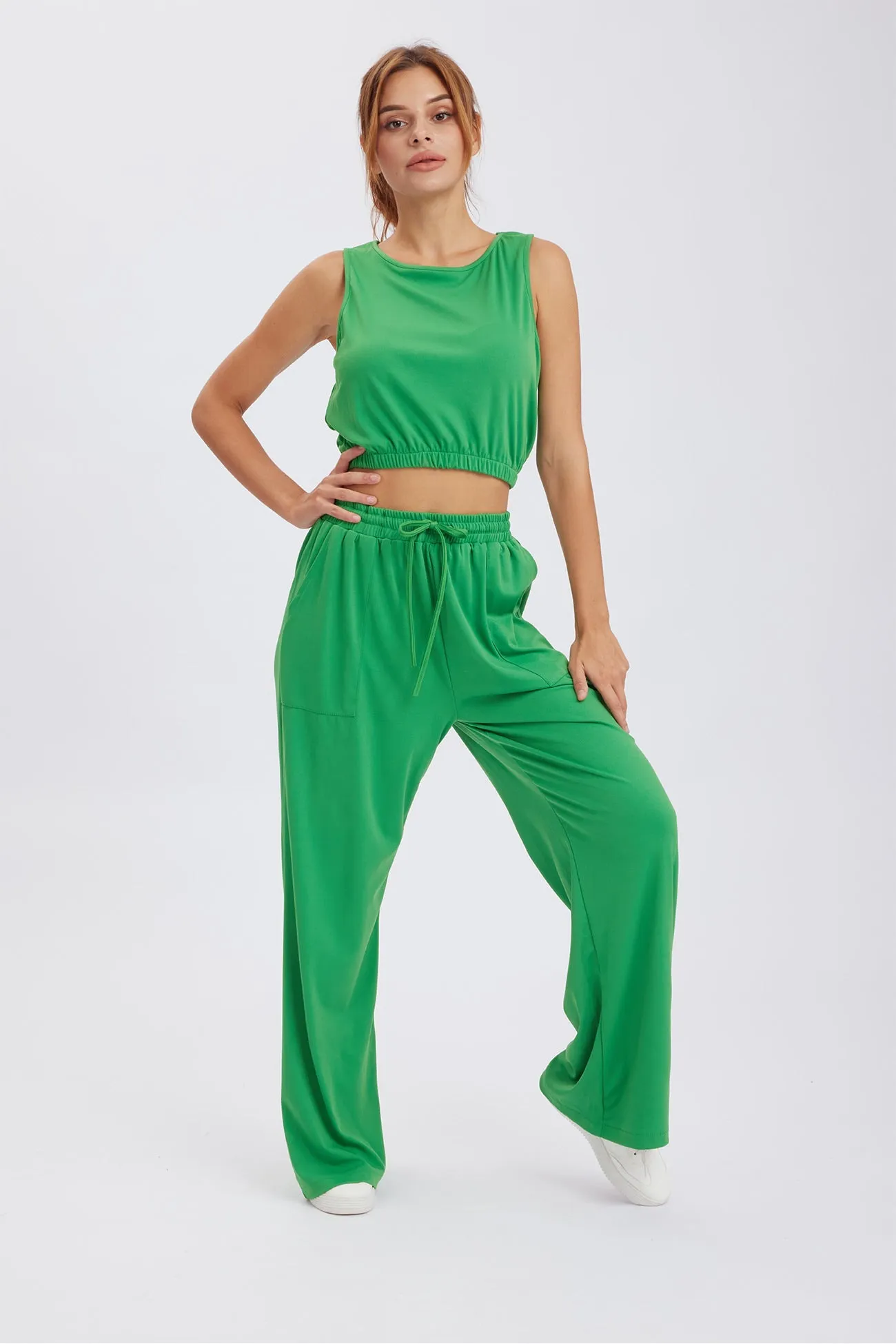 Solid Color Tank Top Drawstring High Waist Long Pants Set