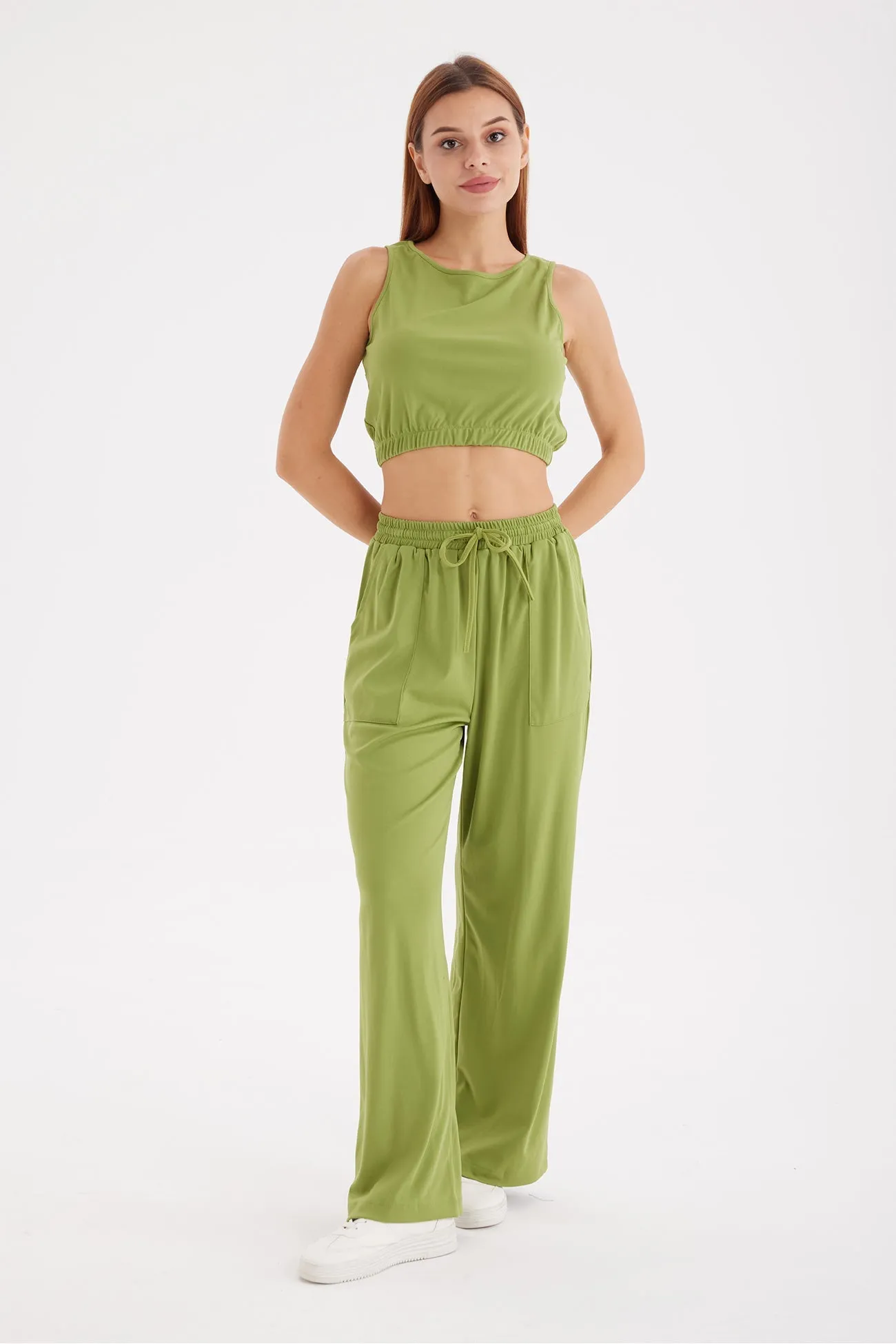 Solid Color Tank Top Drawstring High Waist Long Pants Set