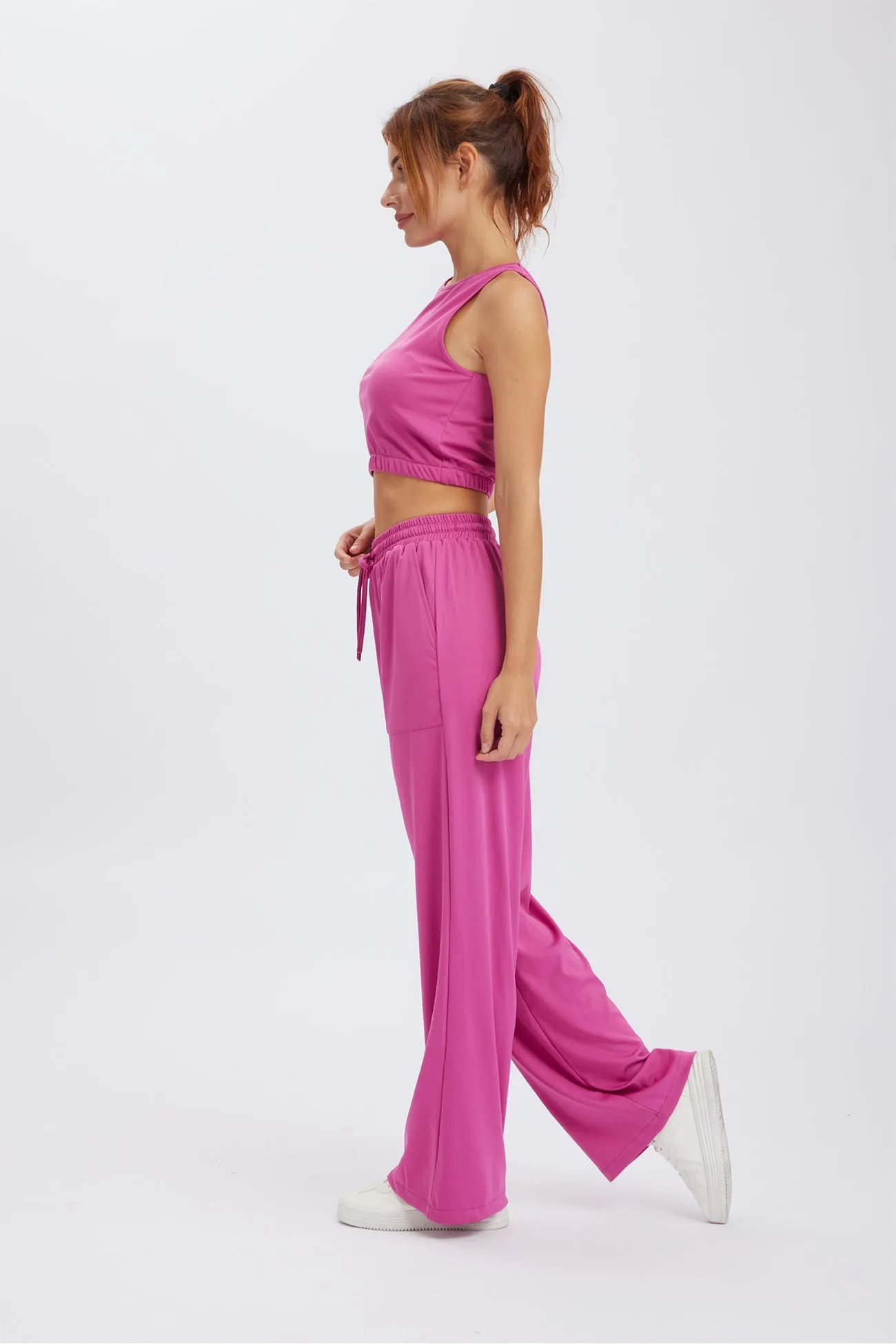 Solid Color Tank Top Drawstring High Waist Long Pants Set