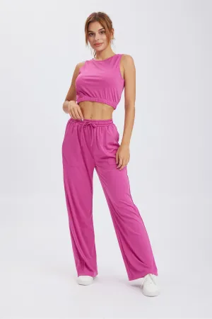 Solid Color Tank Top Drawstring High Waist Long Pants Set