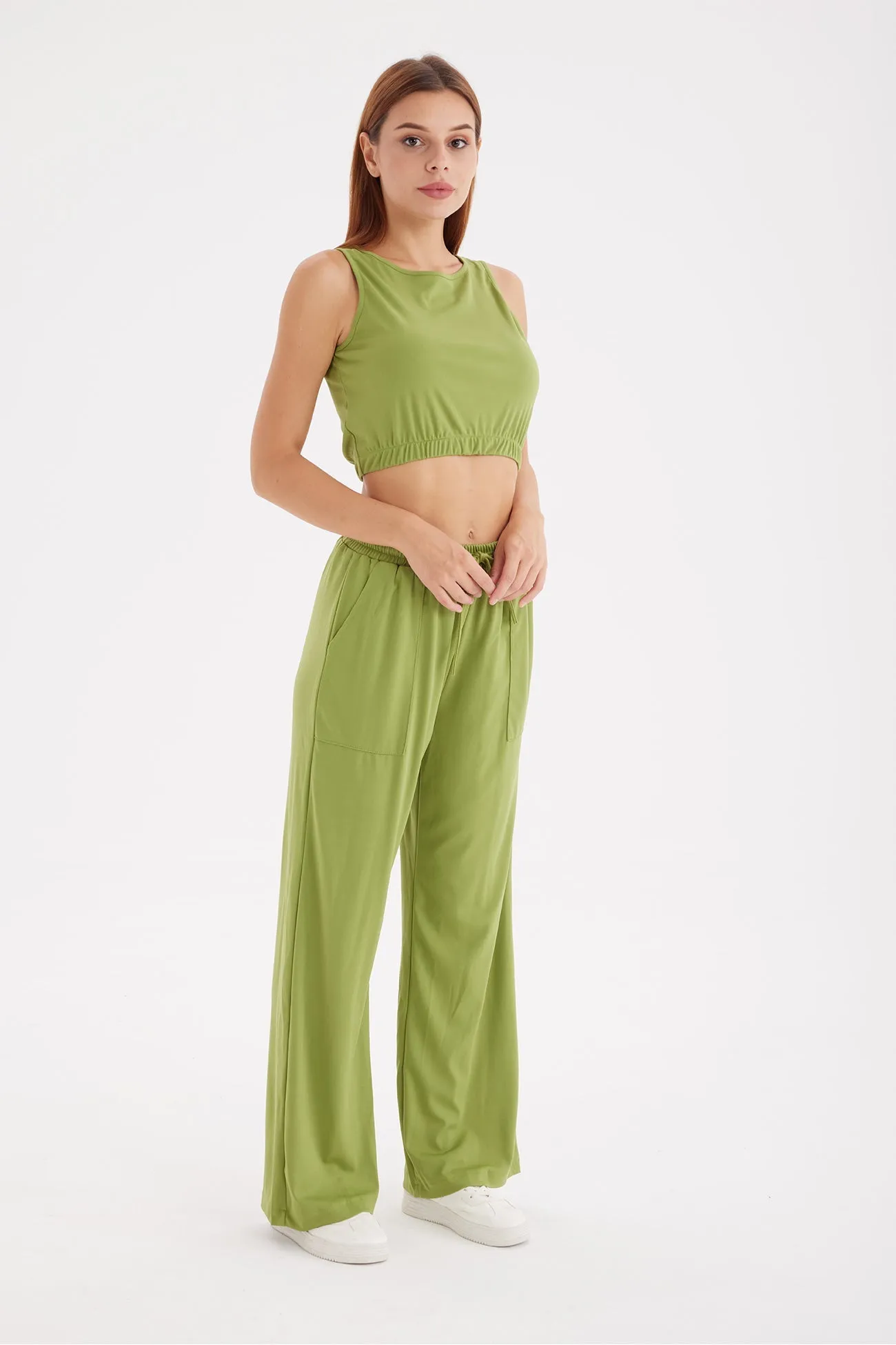 Solid Color Tank Top Drawstring High Waist Long Pants Set