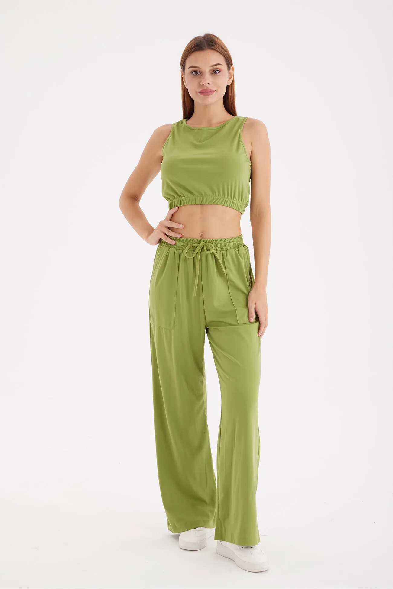 Solid Color Tank Top Drawstring High Waist Long Pants Set