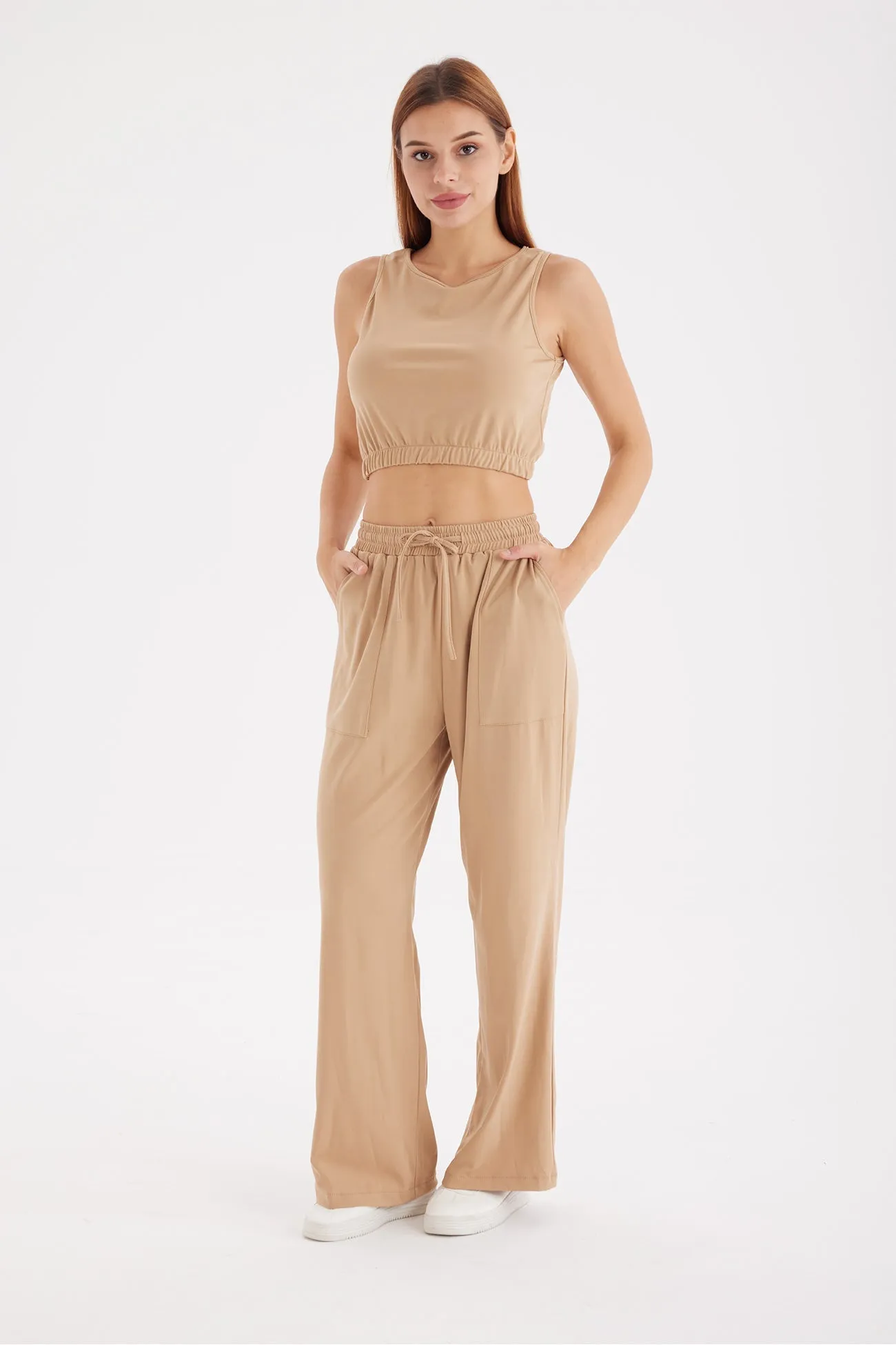 Solid Color Tank Top Drawstring High Waist Long Pants Set