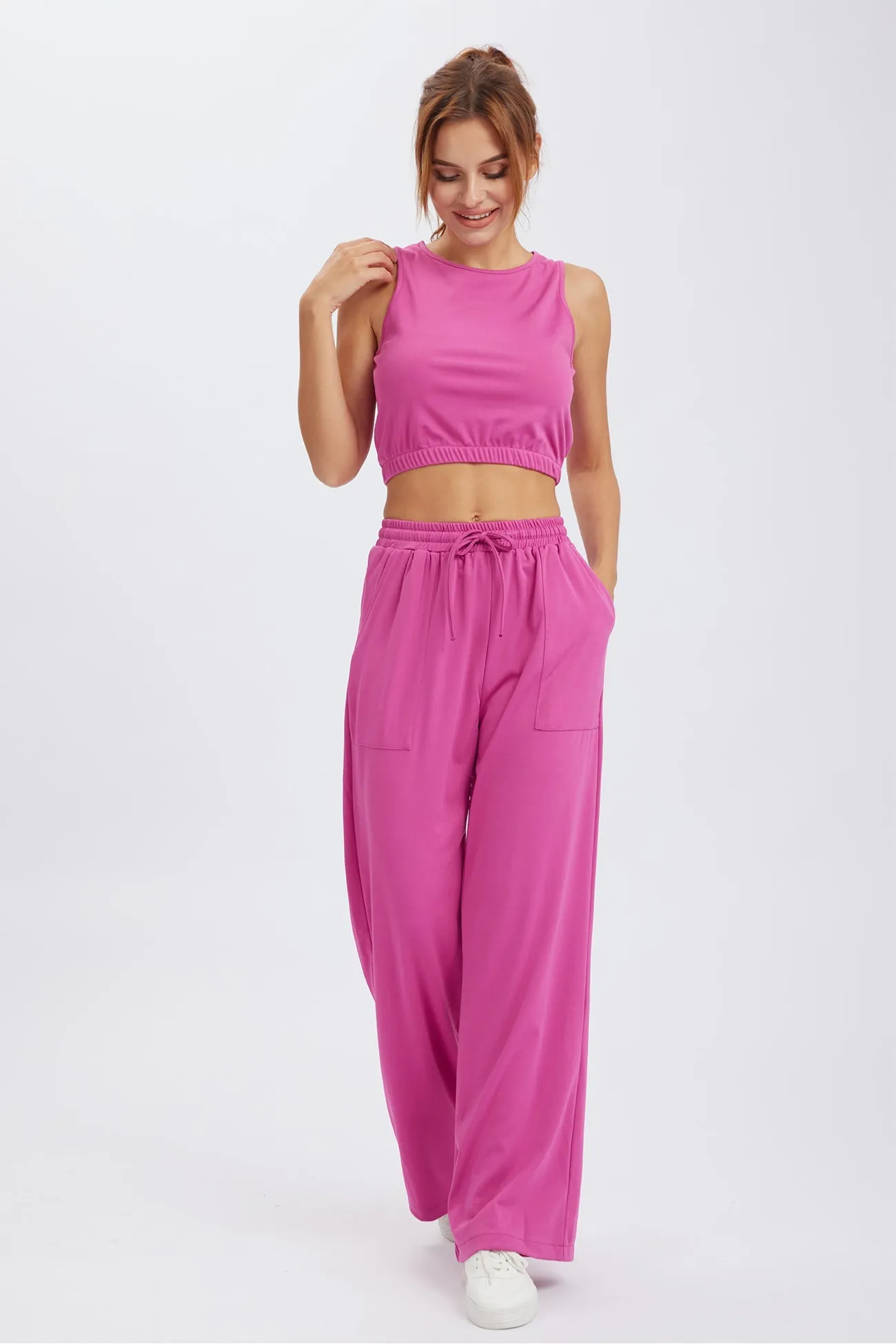 Solid Color Tank Top Drawstring High Waist Long Pants Set