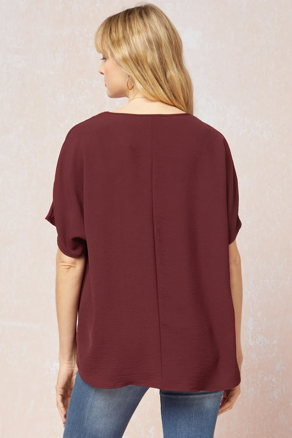 Solid V-Neck Top, Burgundy