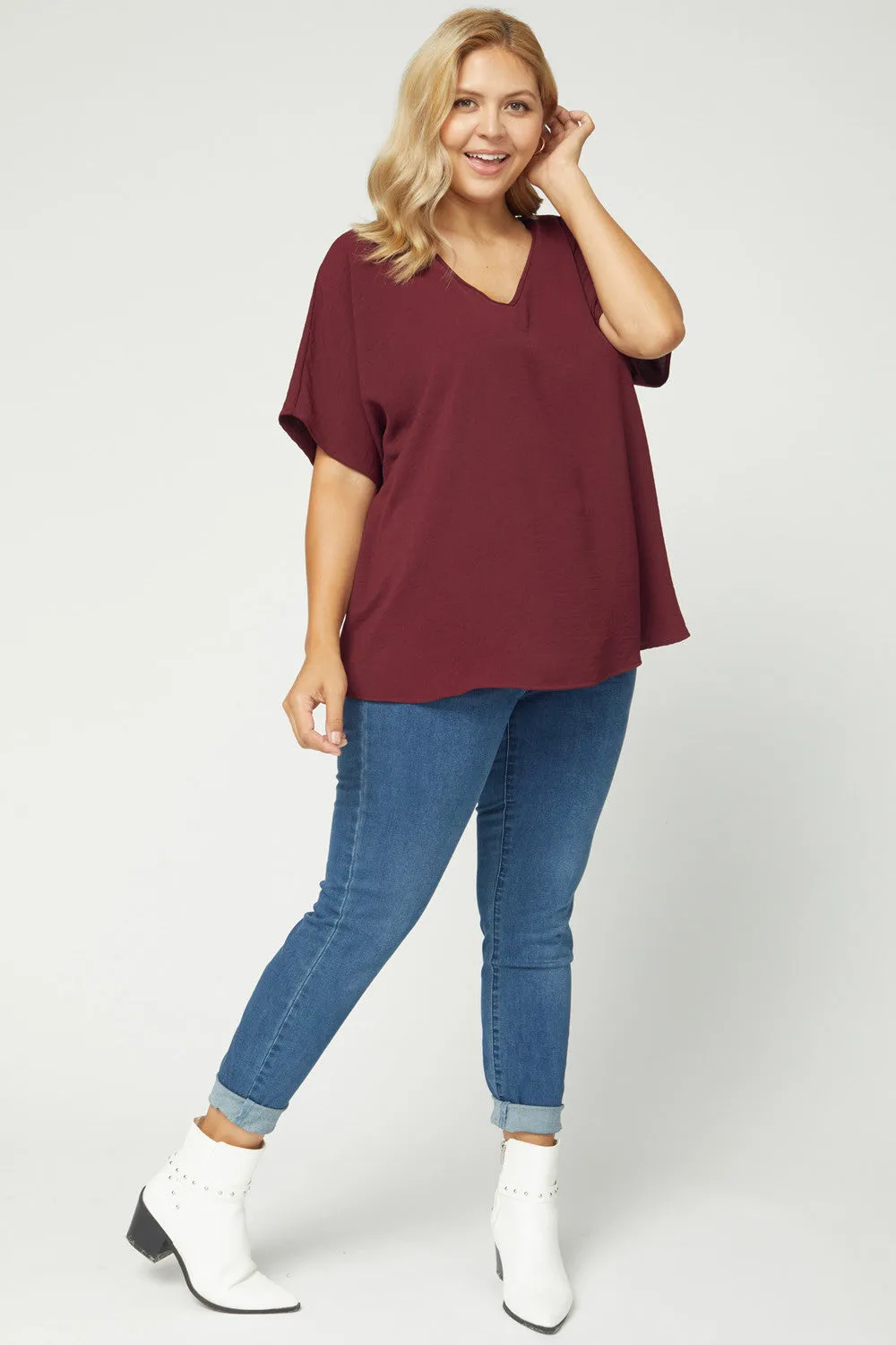 Solid V-Neck Top, Burgundy