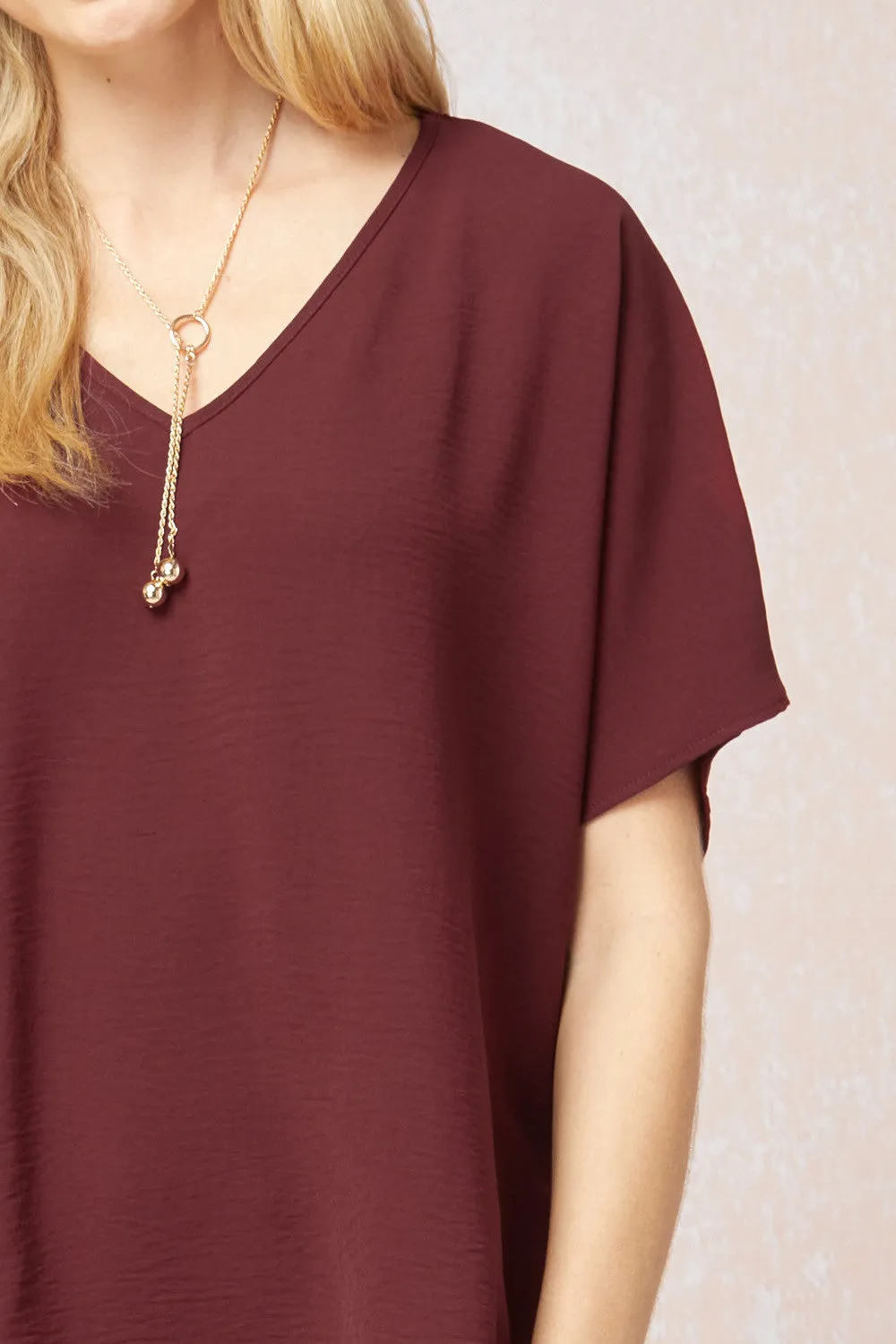 Solid V-Neck Top, Burgundy