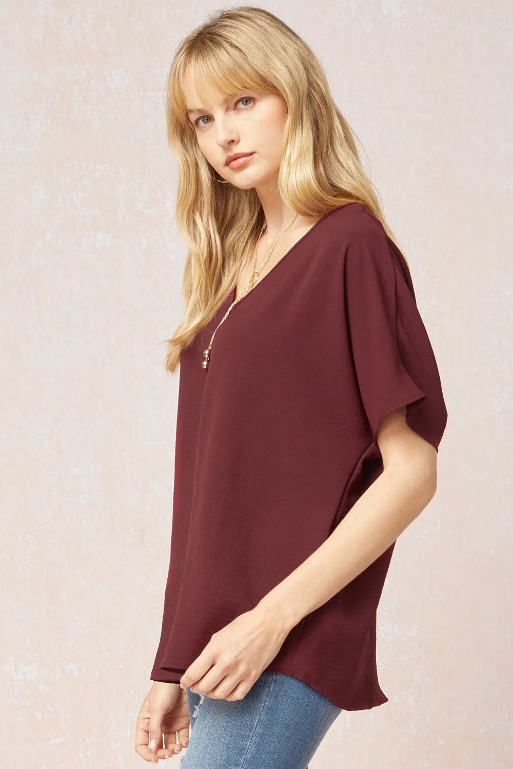 Solid V-Neck Top, Burgundy