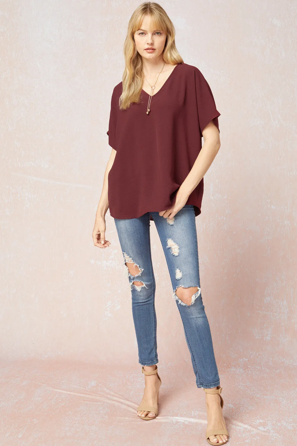 Solid V-Neck Top, Burgundy