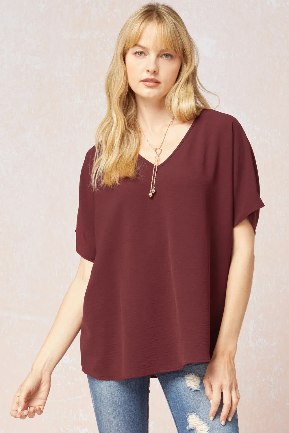 Solid V-Neck Top, Burgundy