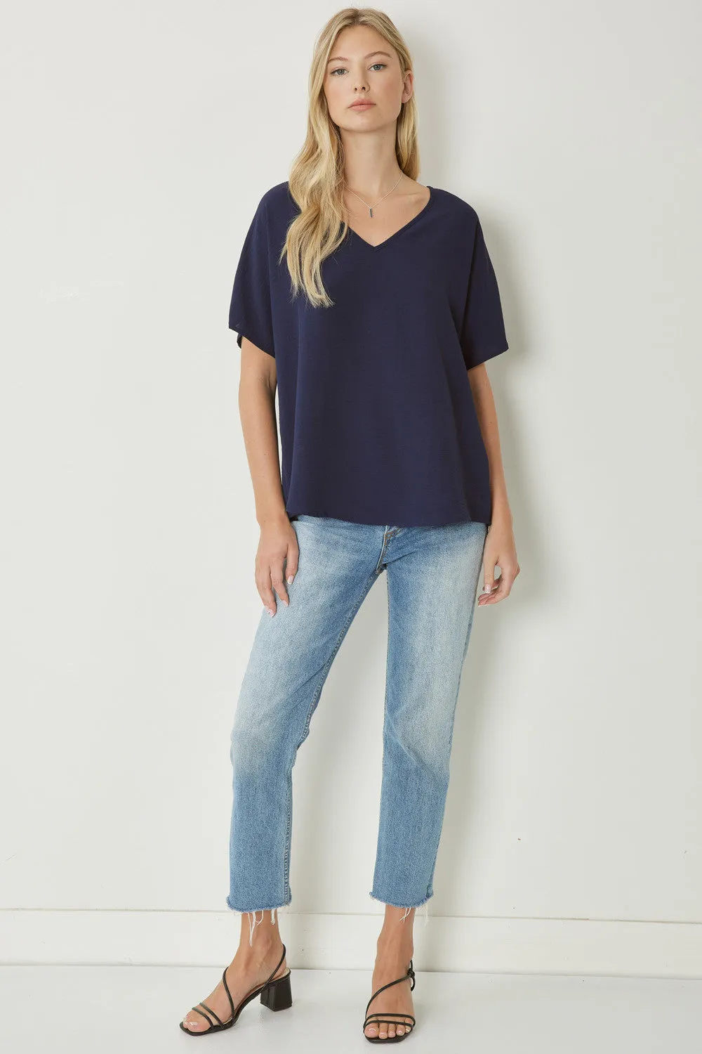 Solid V-Neck Top, Navy