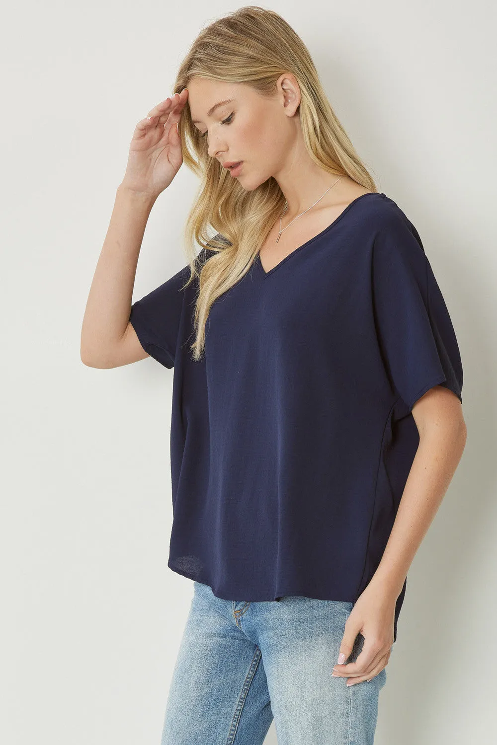 Solid V-Neck Top, Navy