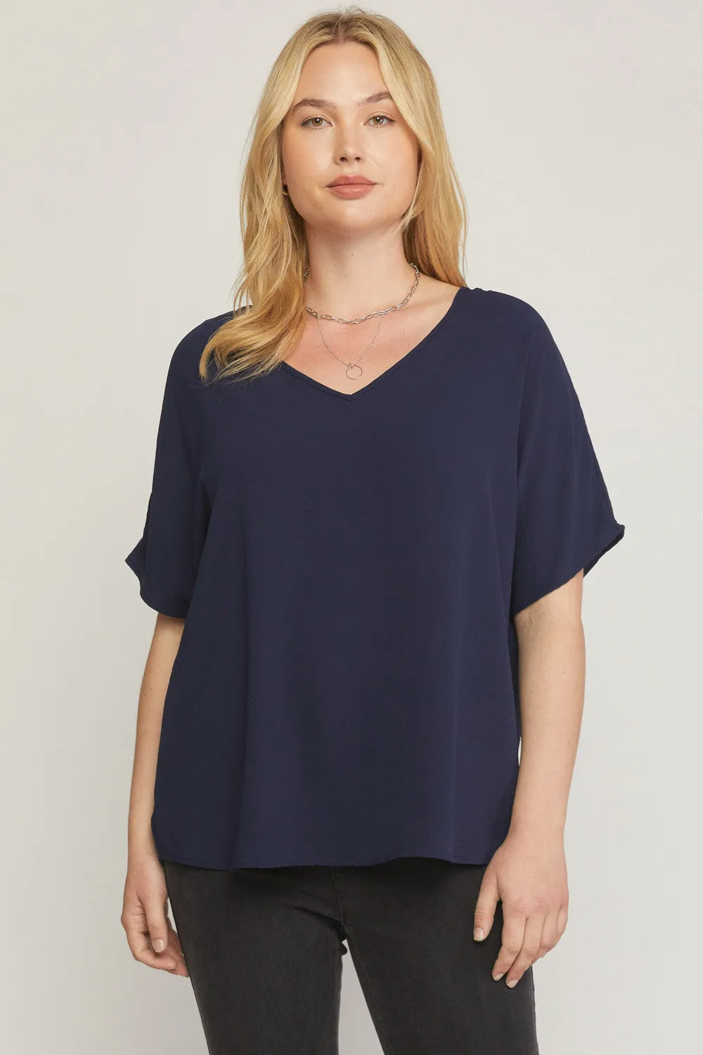 Solid V-Neck Top, Navy