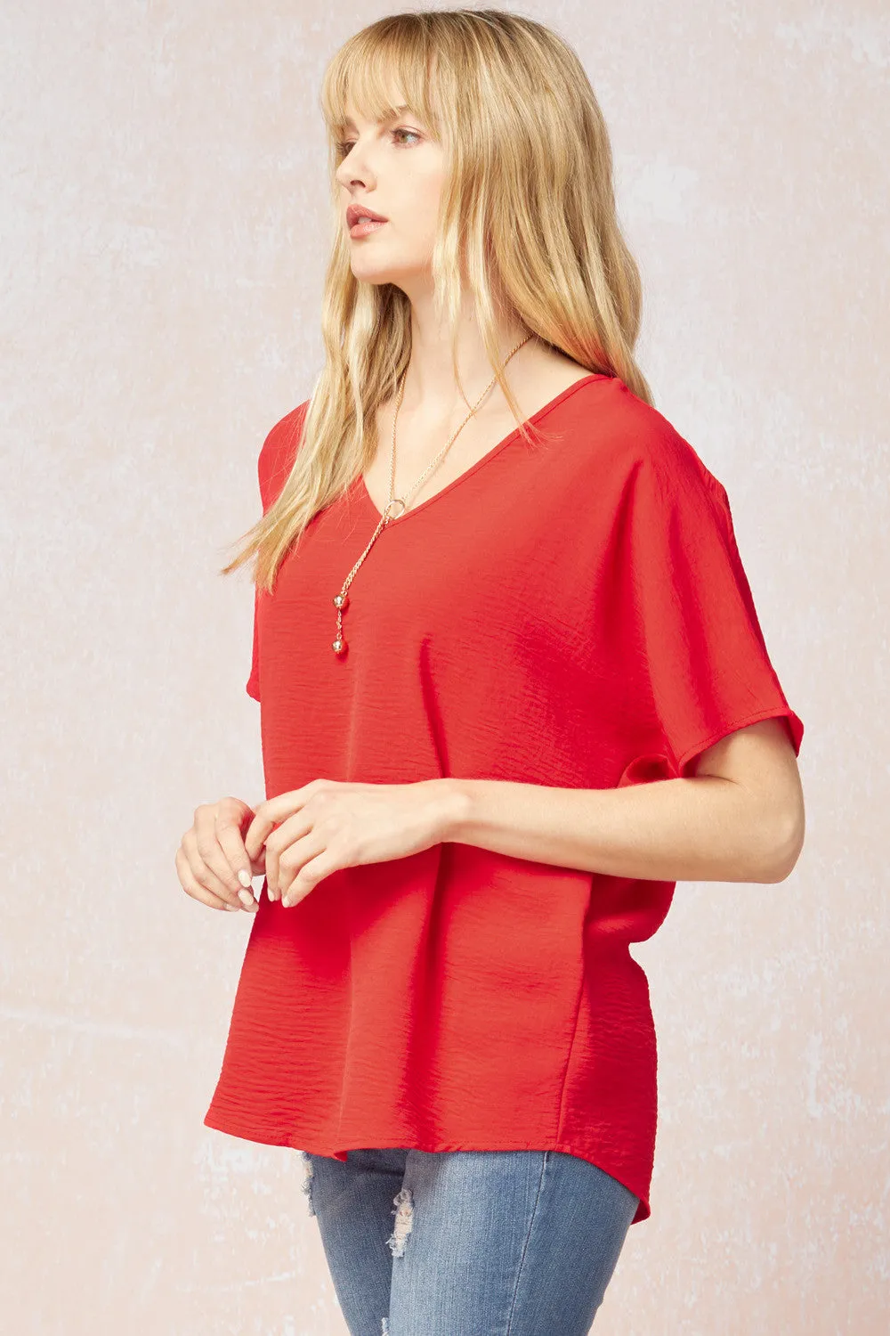 Solid V-Neck Top, Red