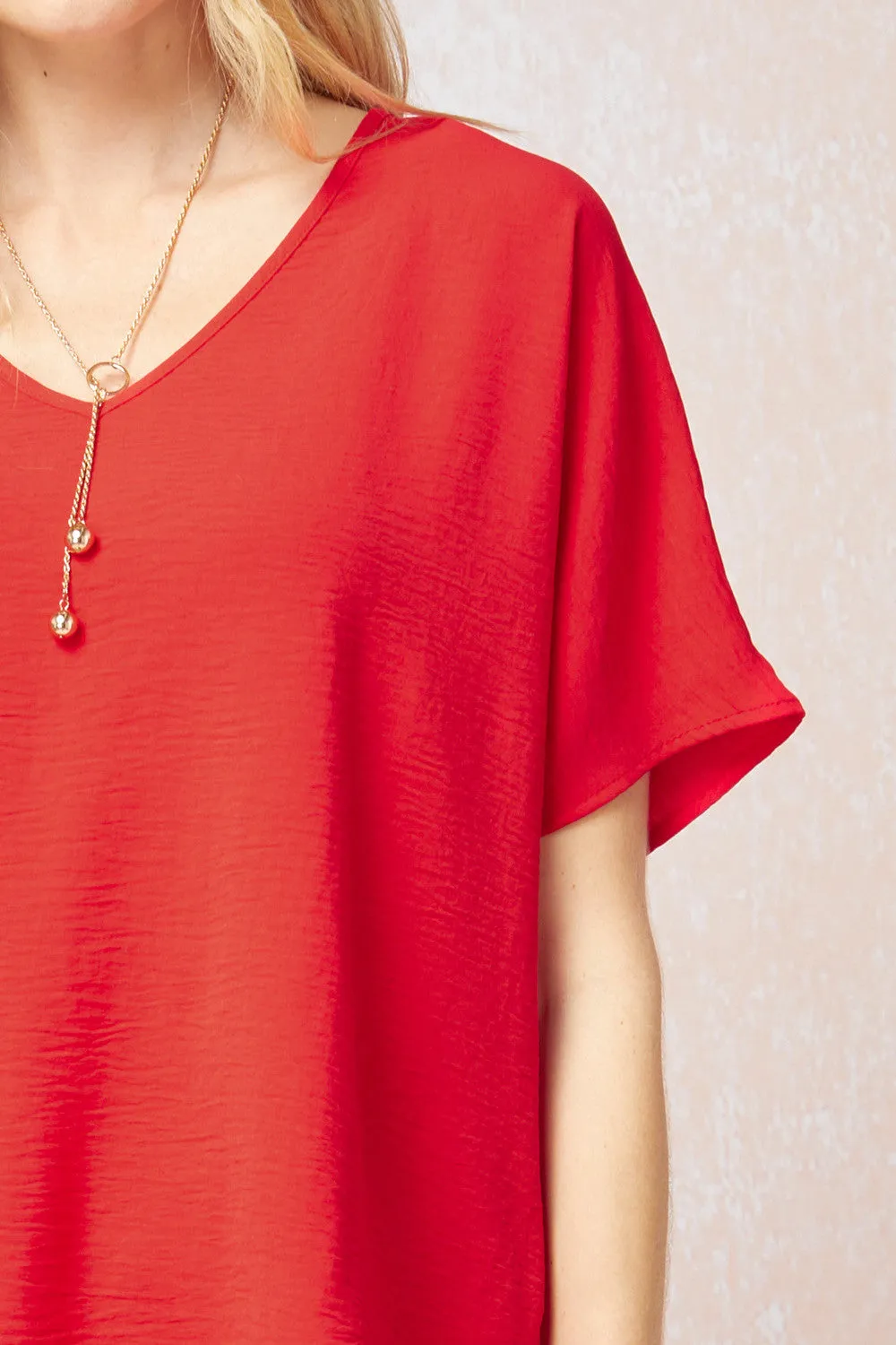 Solid V-Neck Top, Red