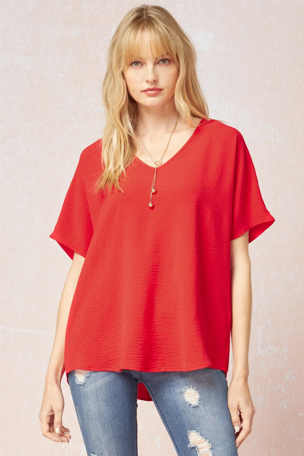 Solid V-Neck Top, Red