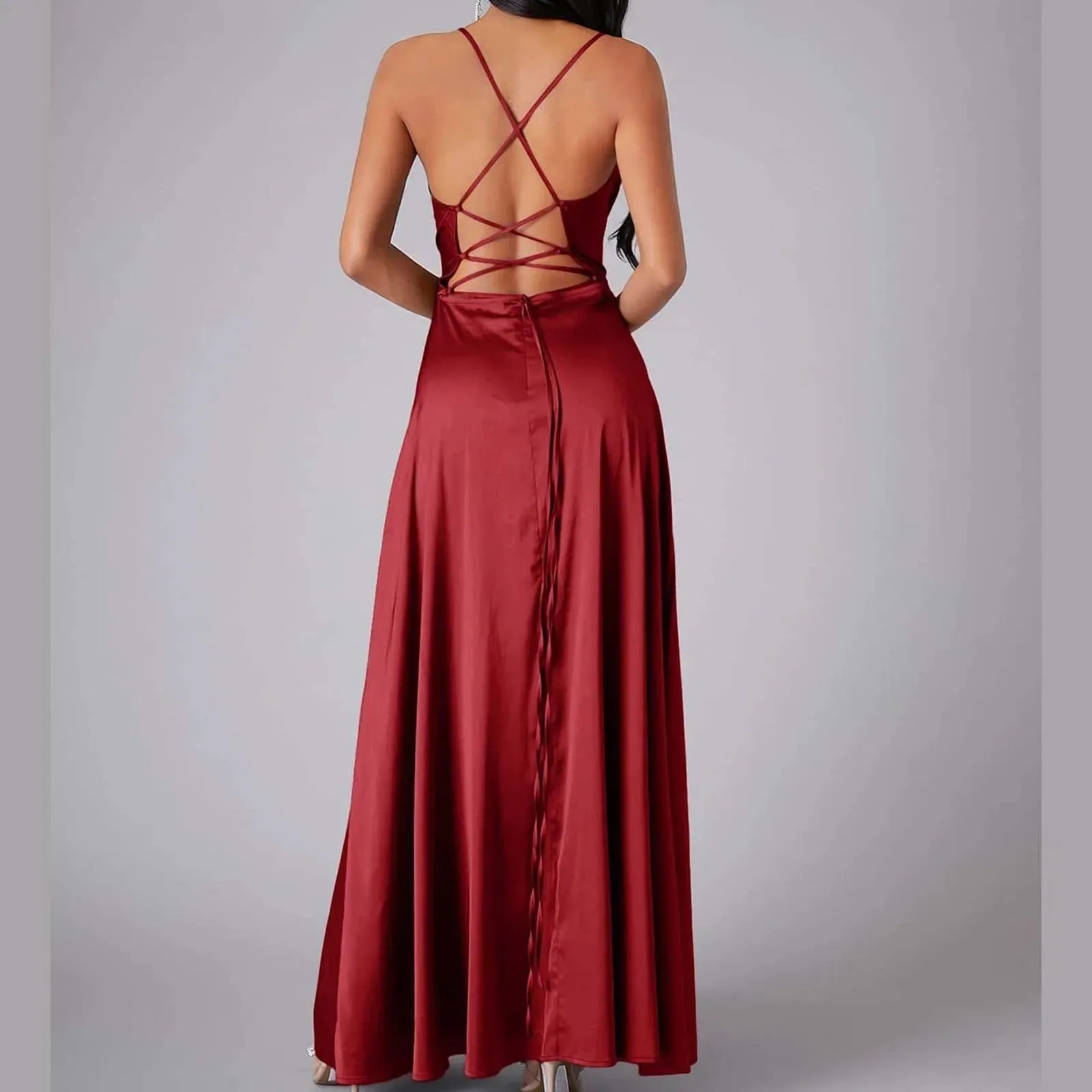 Spaghetti Straps Satin Sleeveless High Side Slit Party Elegant Sexy Backless Midi Sexy Dress