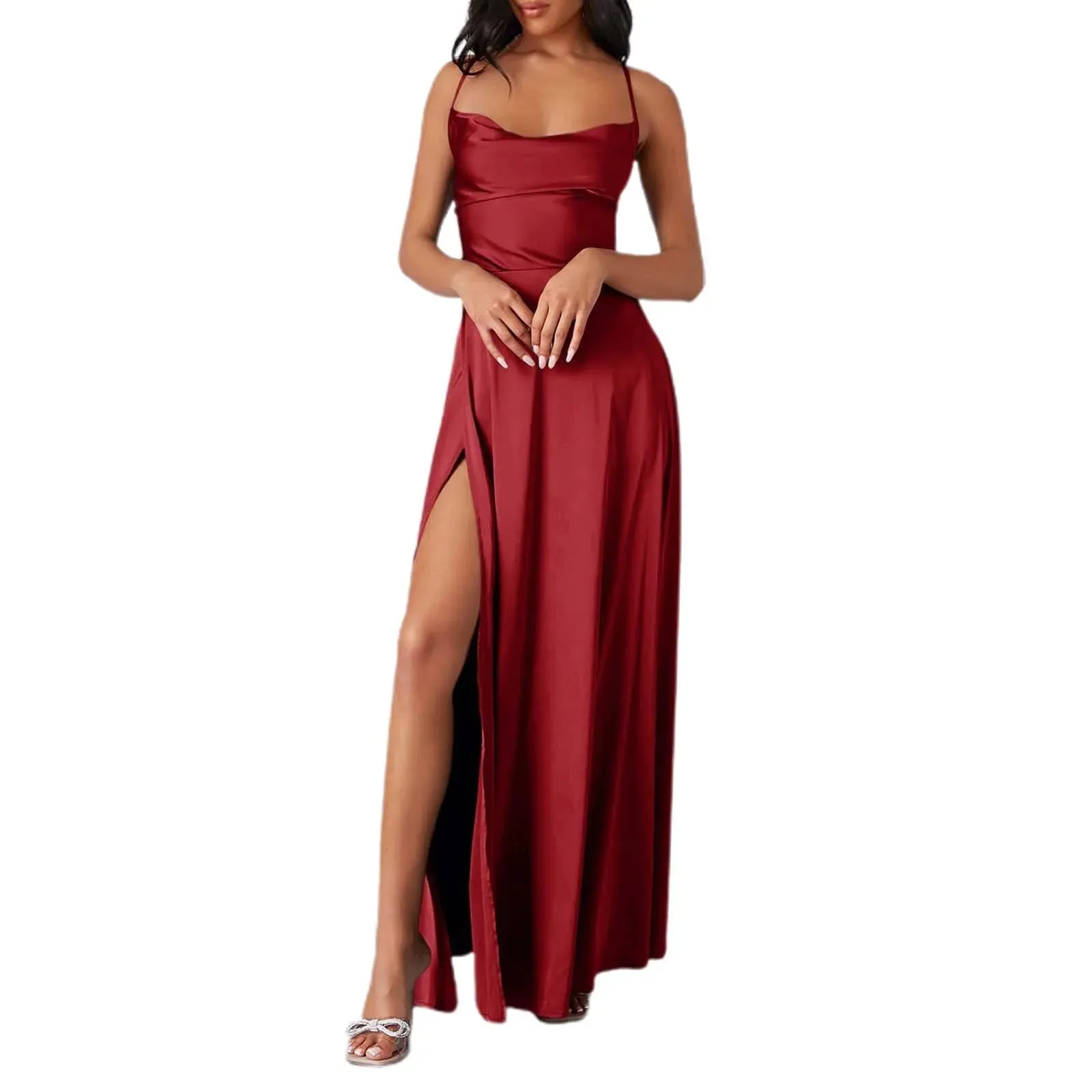 Spaghetti Straps Satin Sleeveless High Side Slit Party Elegant Sexy Backless Midi Sexy Dress