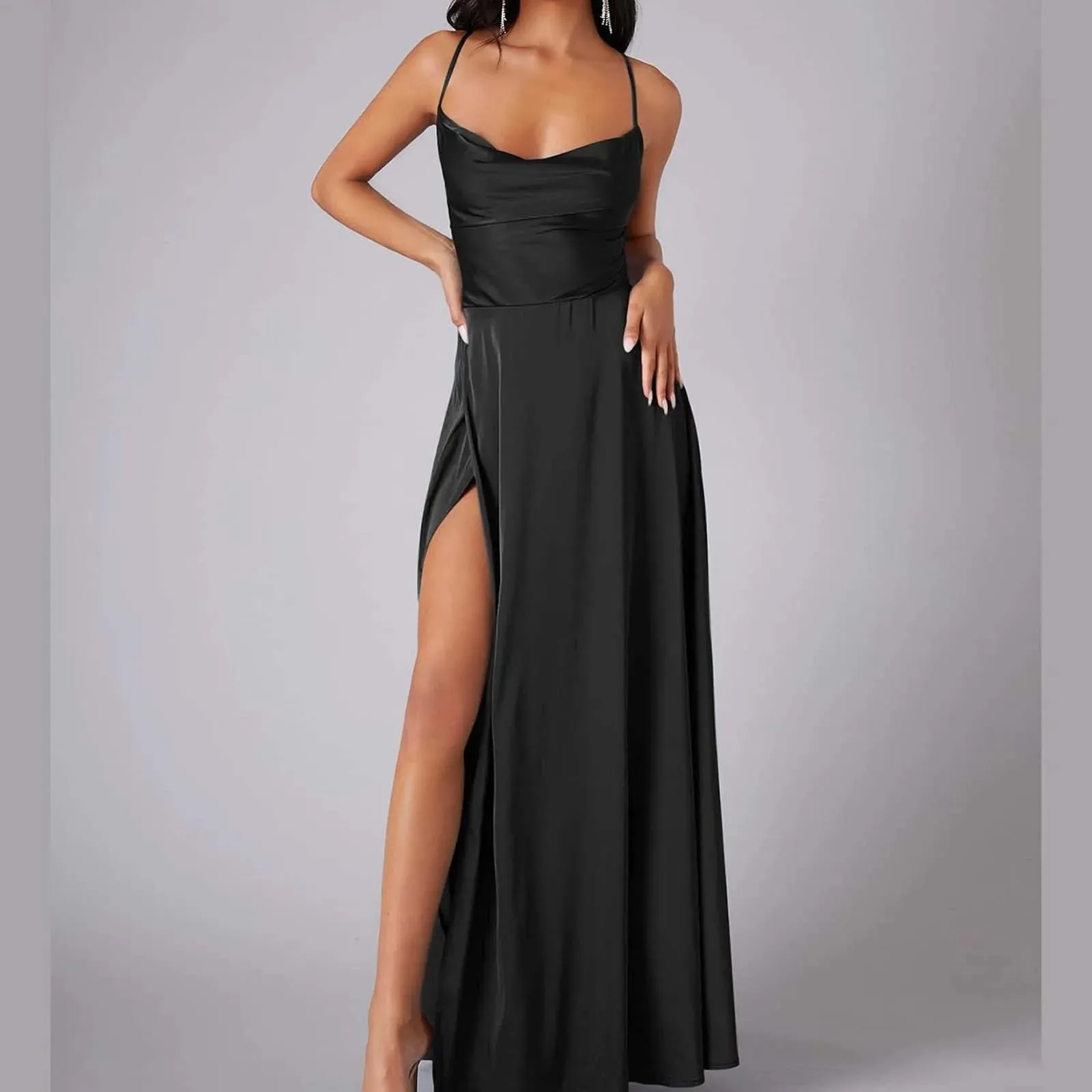 Spaghetti Straps Satin Sleeveless High Side Slit Party Elegant Sexy Backless Midi Sexy Dress