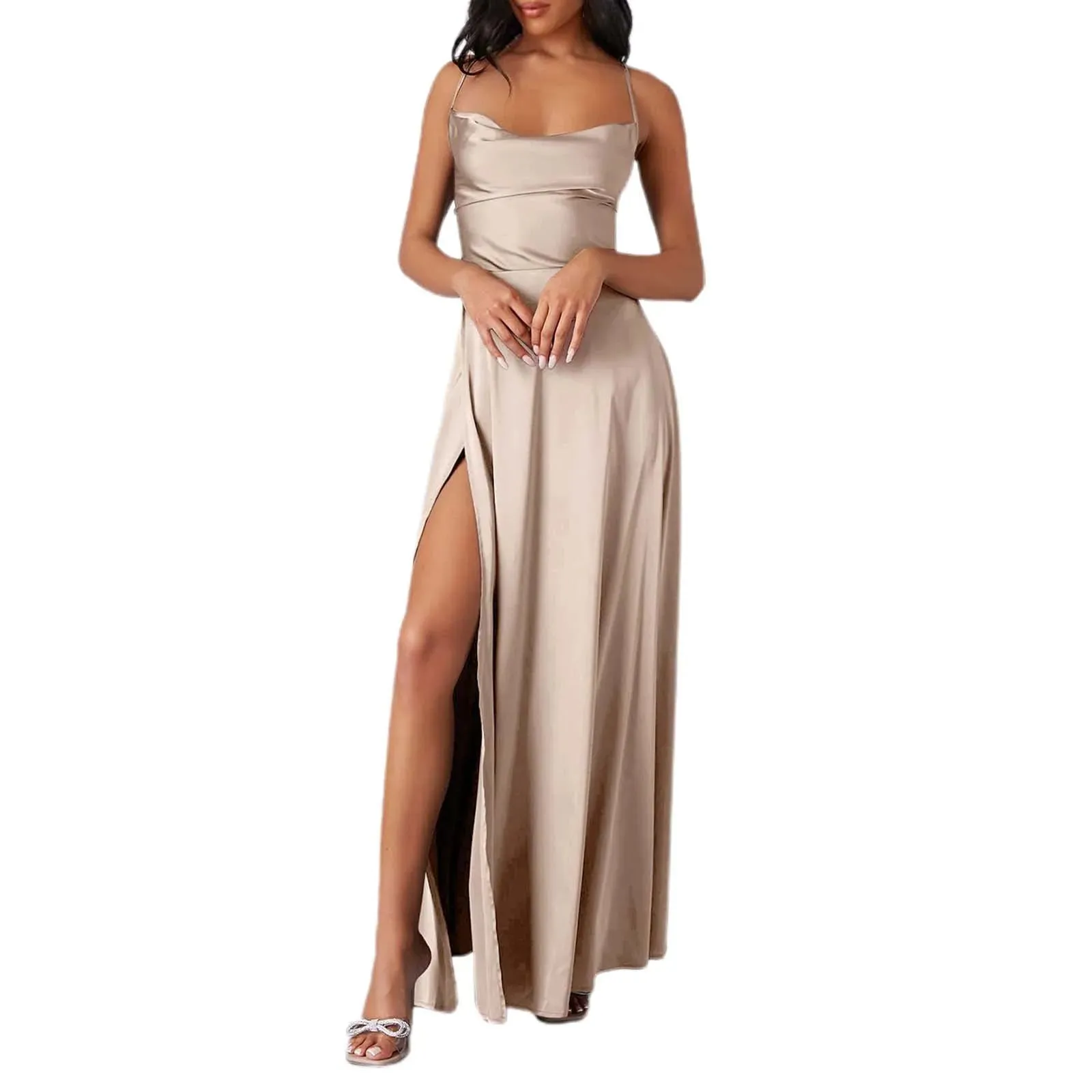 Spaghetti Straps Satin Sleeveless High Side Slit Party Elegant Sexy Backless Midi Sexy Dress