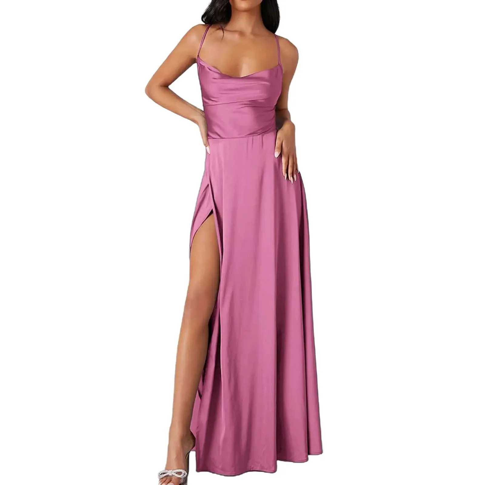 Spaghetti Straps Satin Sleeveless High Side Slit Party Elegant Sexy Backless Midi Sexy Dress