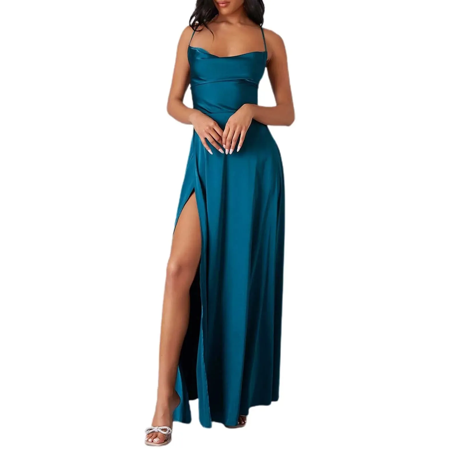 Spaghetti Straps Satin Sleeveless High Side Slit Party Elegant Sexy Backless Midi Sexy Dress